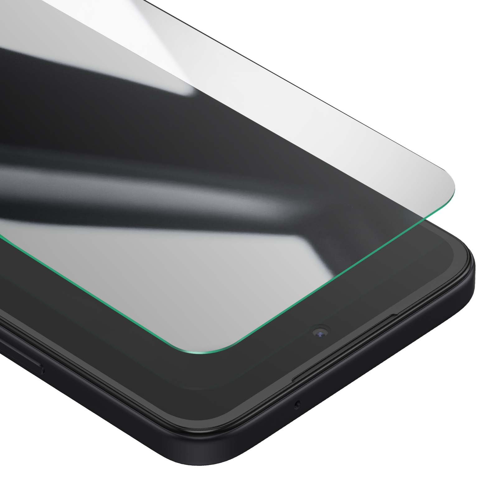 Gros plan sur une tablette noire avec un protecteur d'écran appliqué. Le protecteur est partiellement soulevé.