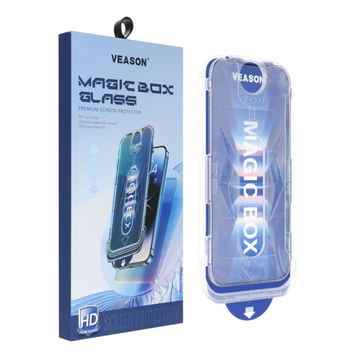 Una scatola di protezione per lo schermo del telefono e la sua custodia trasparente sono in mostra. La scatola riporta la scritta 'MAGIC BOX GLASS'. La custodia è blu.
