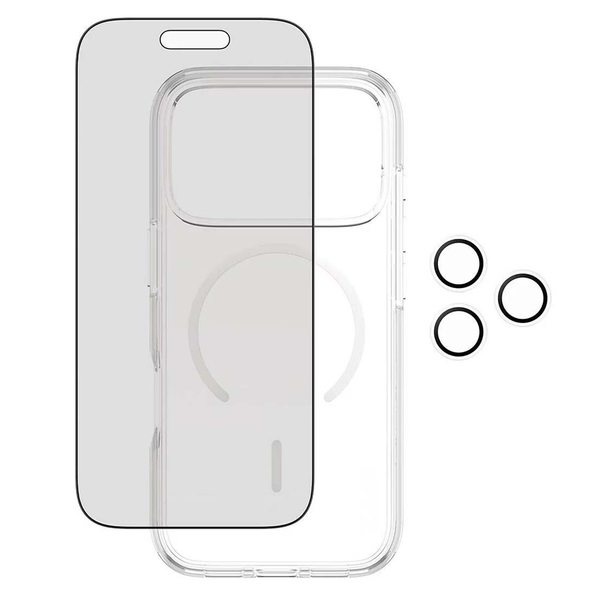 Een doorzichtige telefoonhoes, een schermbeschermer en lensbeschermers worden getoond. De hoes heeft een magnetische cirkel. De beschermers zijn zwarte ringen.