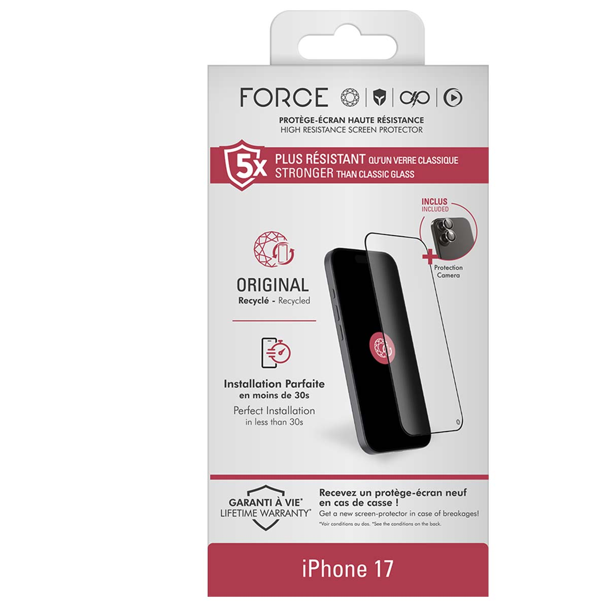 Una scatola per la protezione dello schermo del telefono. Mostra la protezione e il telefono. Il testo include 'FORCE' e 'iPhone 17'.