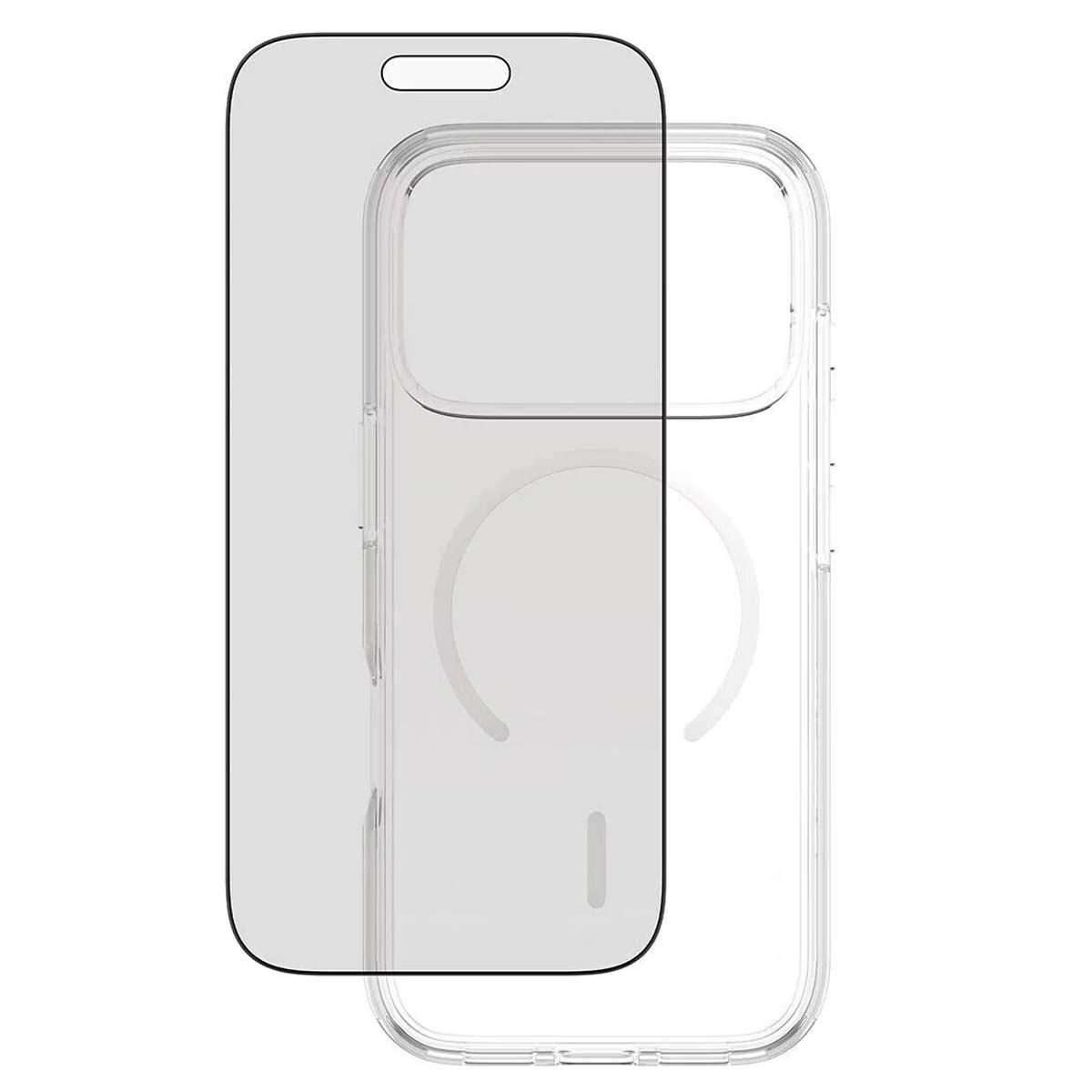 Custodia trasparente e protezione schermo. La custodia ha un design circolare. Entrambi sono trasparenti.