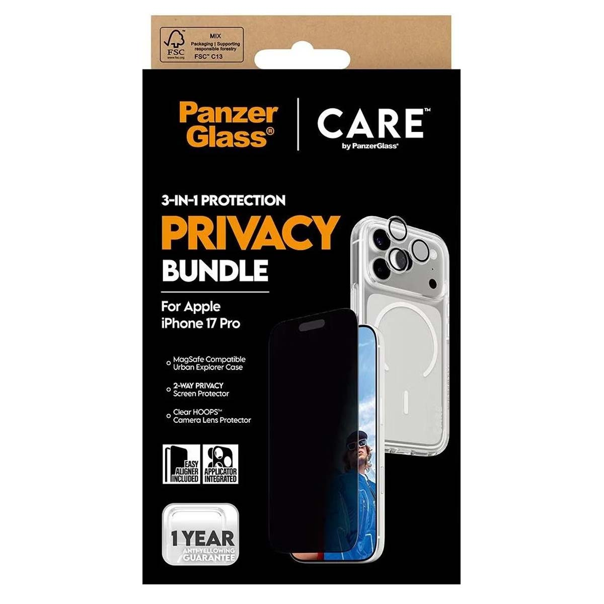 Un pacchetto privacy PanzerGlass per iPhone 17 Pro. La confezione mostra una custodia, una protezione schermo e un proteggi obiettivo.