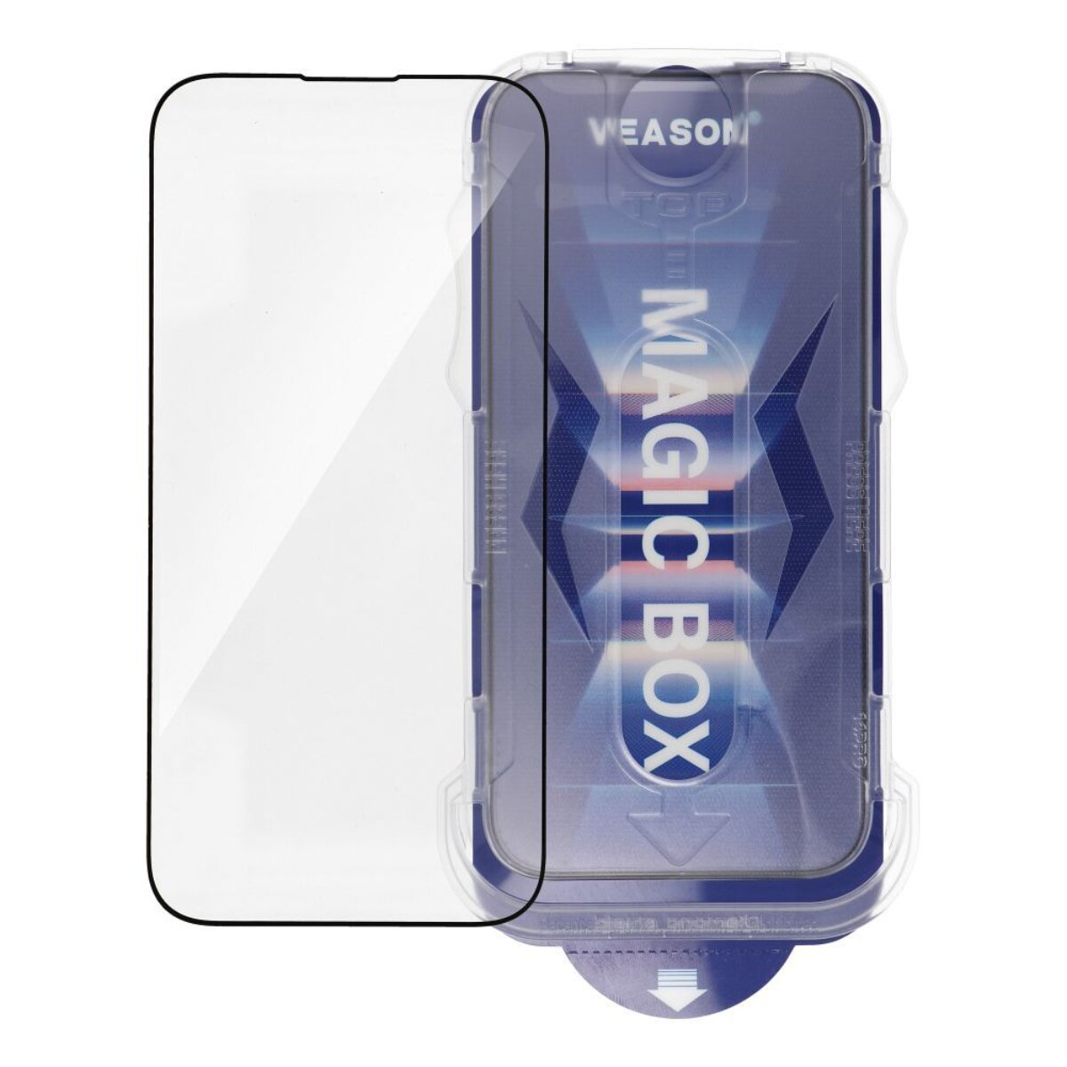 Un proteggi schermo per telefono e una custodia con la scritta MAGIC BOX. Il proteggi schermo è trasparente, la custodia blu.