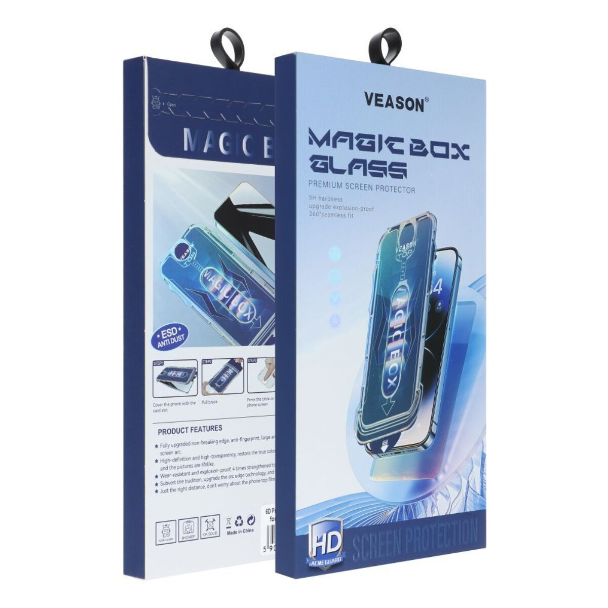 Due scatole di protezioni per schermo. La scatola anteriore dice 'Magic Box Glass'. La scatola posteriore dice 'Magic Box'.