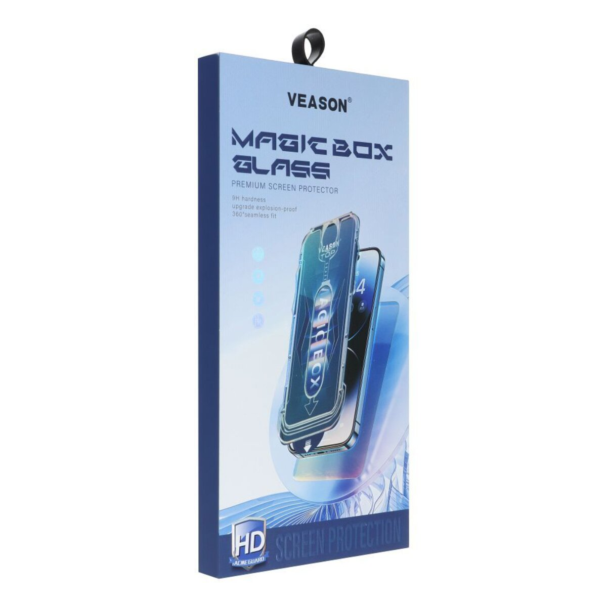 Una scatola per proteggi schermo per telefono. Ha il marchio 'VEASON' e il nome del prodotto 'MAGIC BOX GLASS'. C'è un'immagine del telefono sulla scatola.