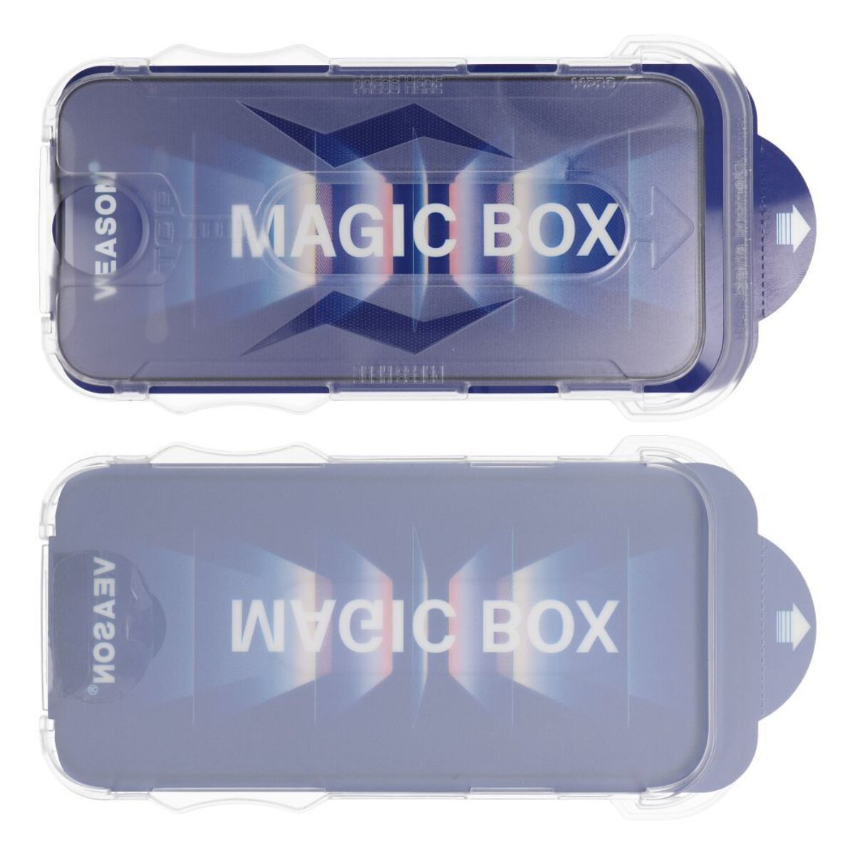 Due custodie protettive per telefoni, stampato 'MAGIC BOX'. Una in posizione verticale, una capovolta. Entrambe blu con bordi trasparenti.