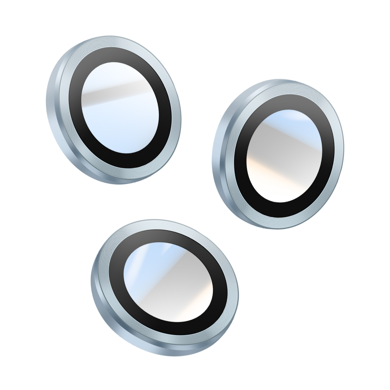 Trois objets circulaires métalliques avec des anneaux intérieurs noirs et des surfaces réfléchissantes sur fond blanc.
