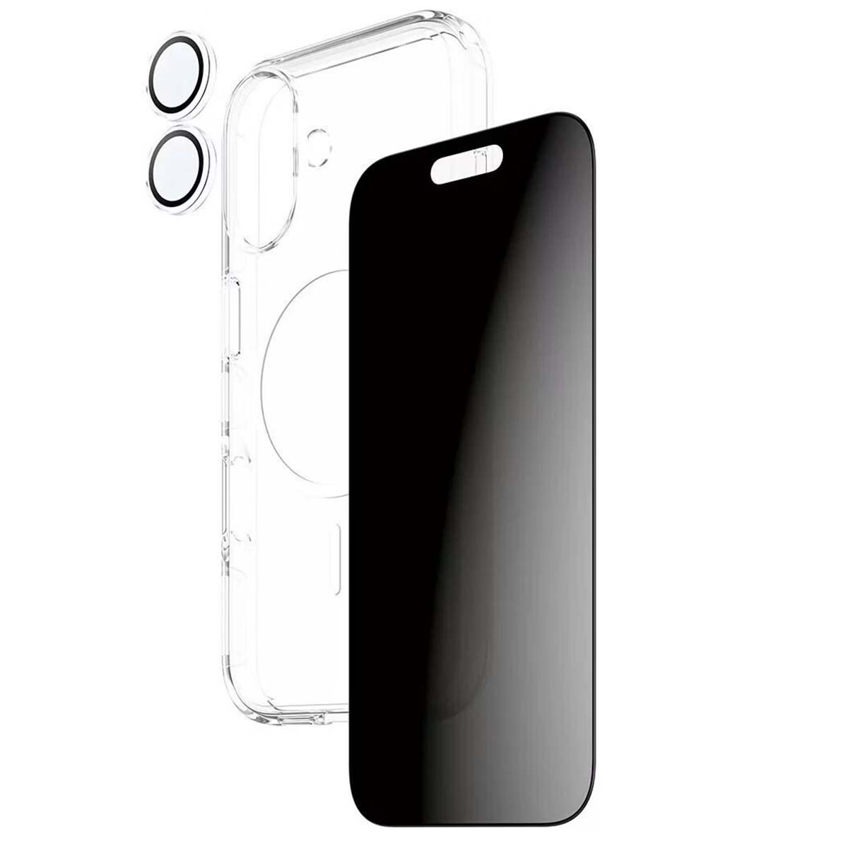 Custodia trasparente, protezione schermo nera e protezioni per lenti della fotocamera. Tutti separati e vicini.