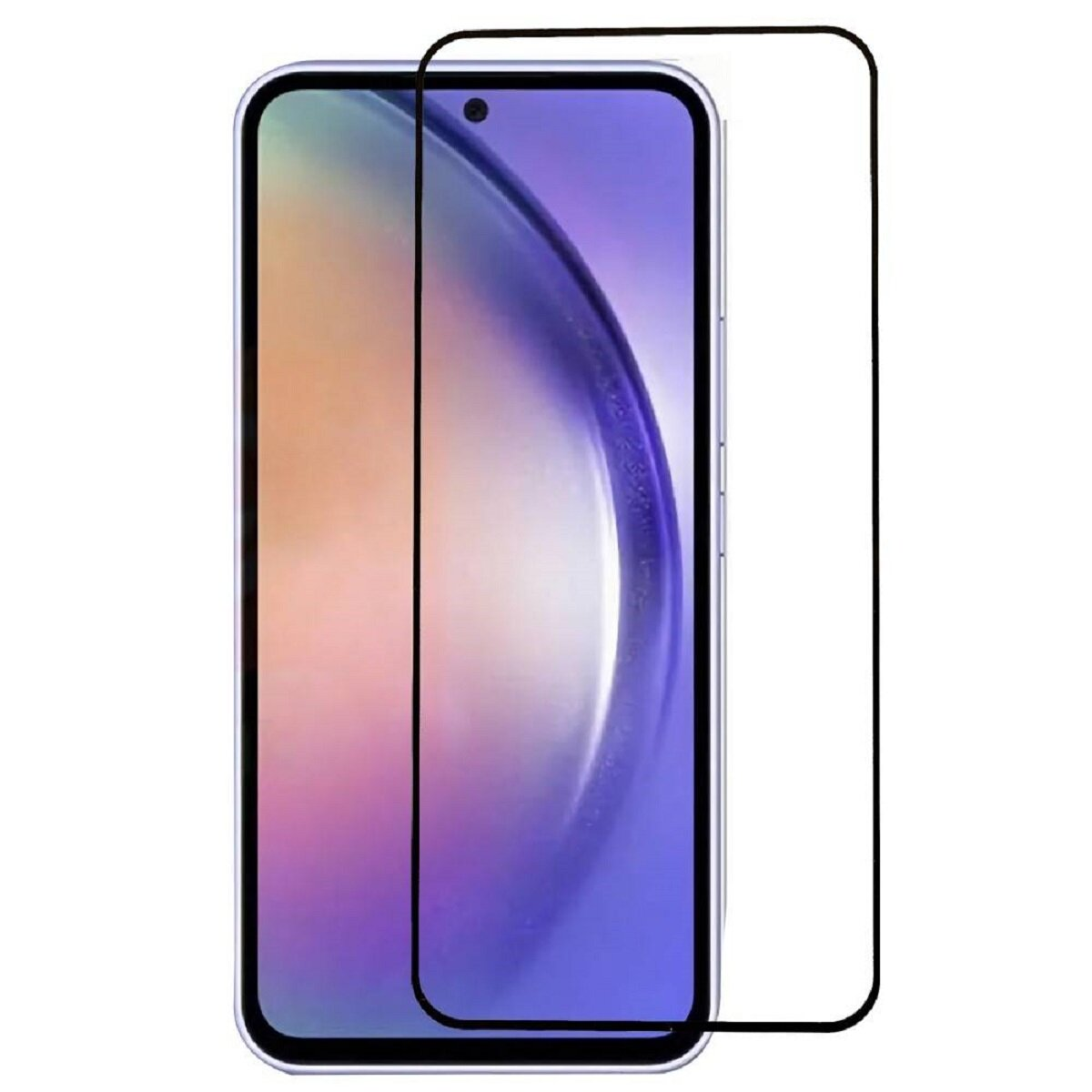 Uno smartphone con una protezione schermo applicata. Il telefono visualizza una sfumatura viola e arancione. Una cornice nera delinea lo schermo.