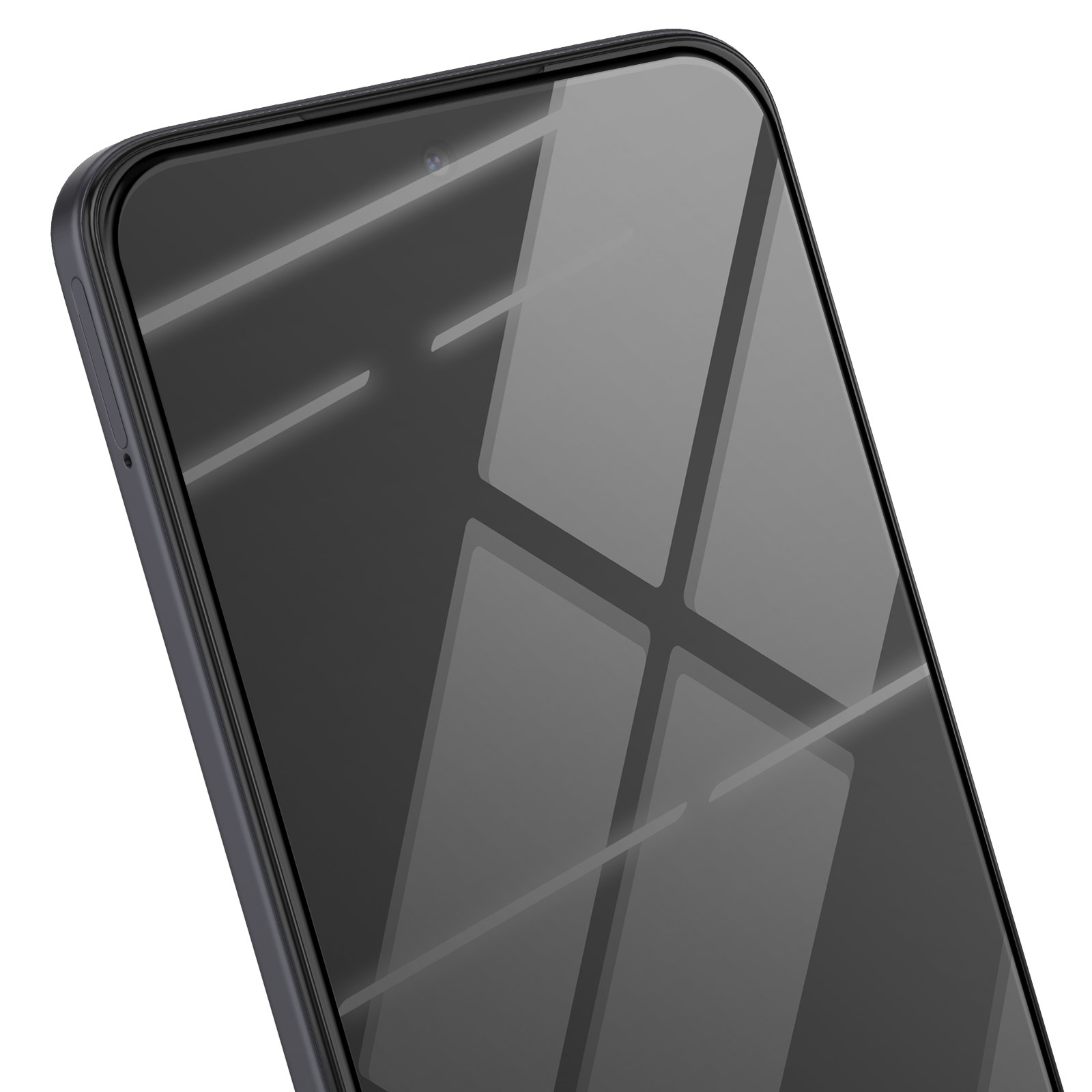Primo piano dello schermo lucido di uno smartphone che riflette la luce. Il telefono è grigio scuro, con bordo nero e fotocamera.