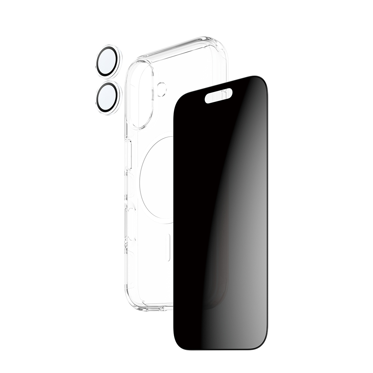 Una custodia trasparente per telefono, una protezione schermo nera e protezioni per lenti della fotocamera su sfondo bianco. Prodotti per protezione.