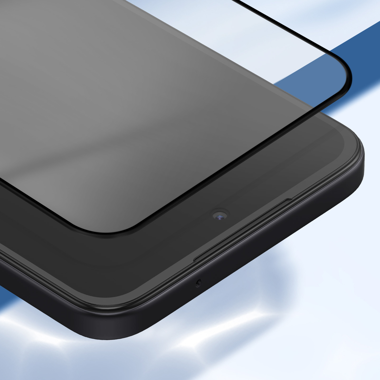 Primo piano di uno smartphone nero con protezione schermo. Schermo e corpo sono grigio scuro. Sfondo blu e bianco.