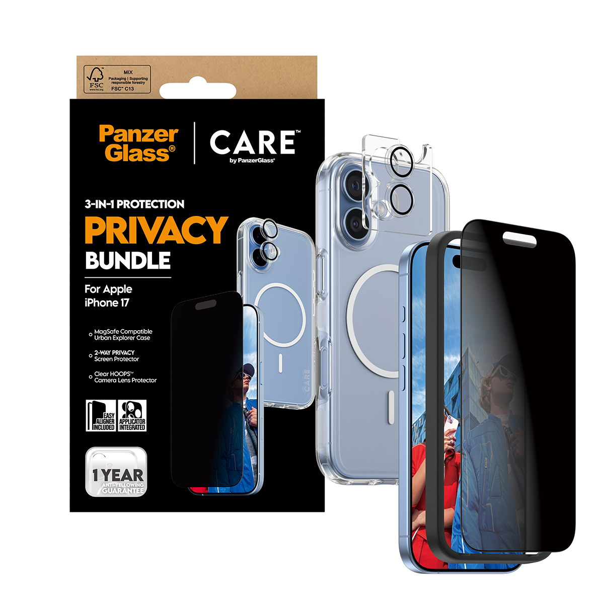 Un pacchetto di protezioni per lo schermo del telefono. Include una custodia, una protezione per la privacy e una protezione per l'obiettivo. Il pacco è bianco e nero.