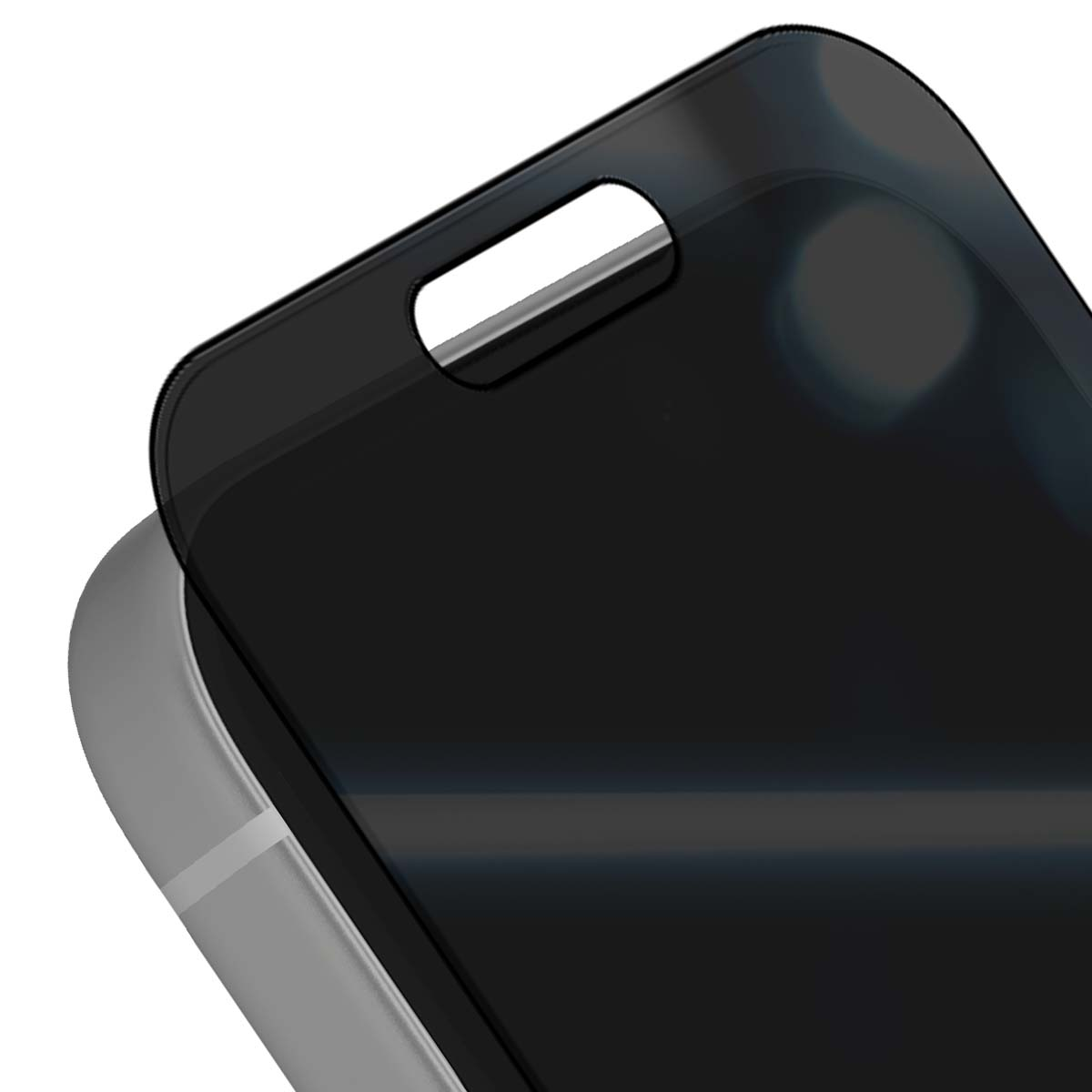 Primo piano di una custodia nera per telefono con protezione schermo. La custodia ha un'apertura per l'altoparlante e copre parzialmente un telefono grigio.