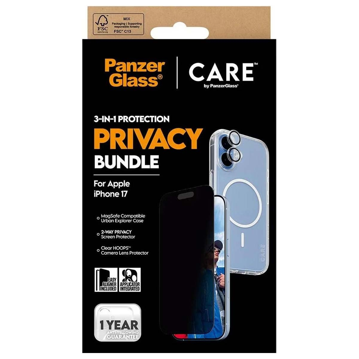 Una scatola di protezione dello schermo del telefono. Presenta il marchio PanzerGlass, un telefono e informazioni sulle caratteristiche e sulla garanzia.
