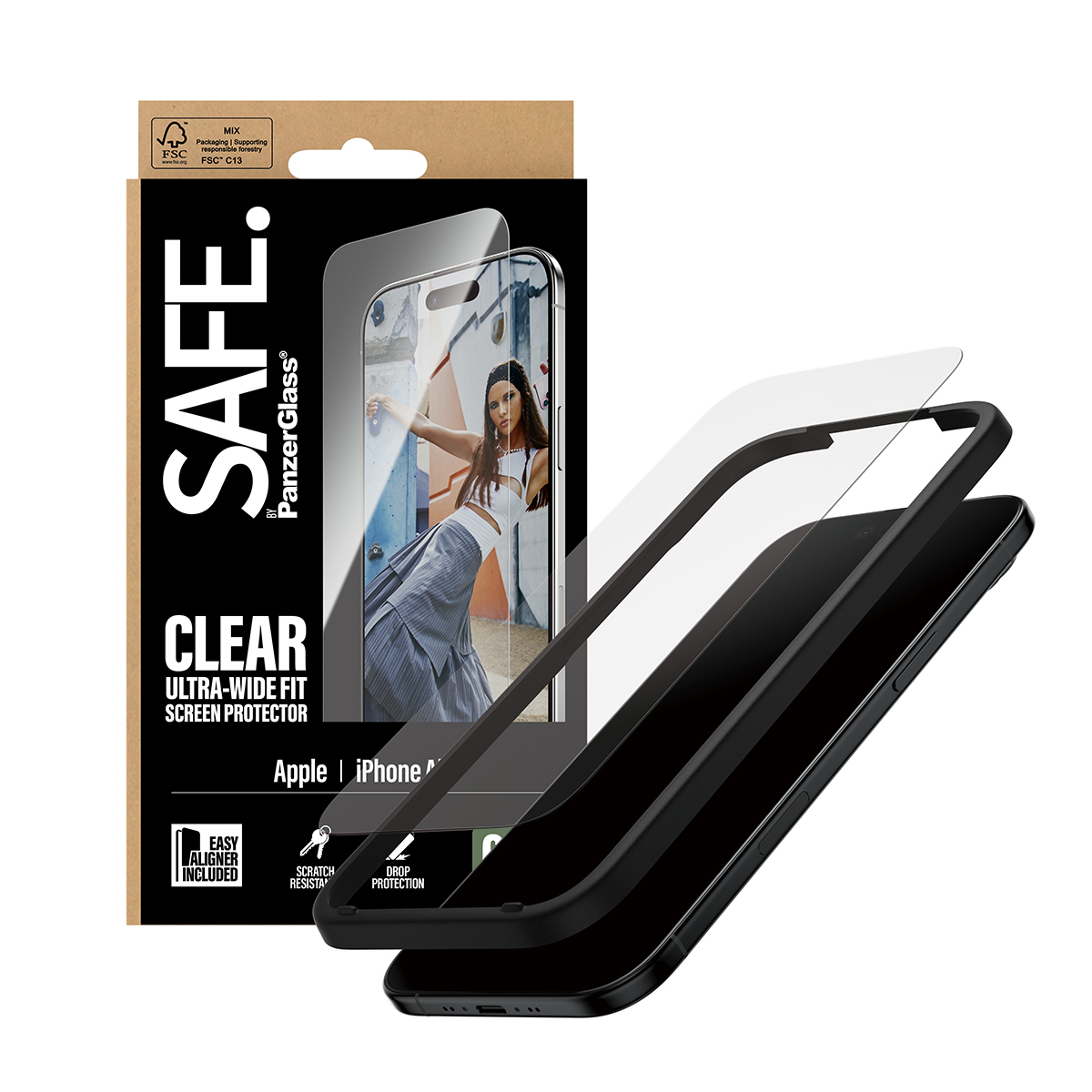 Een verpakking voor een schermbeschermer voor telefoons met een telefoon en schermbeschermerlagen. De verpakking toont een vrouw op het scherm.
