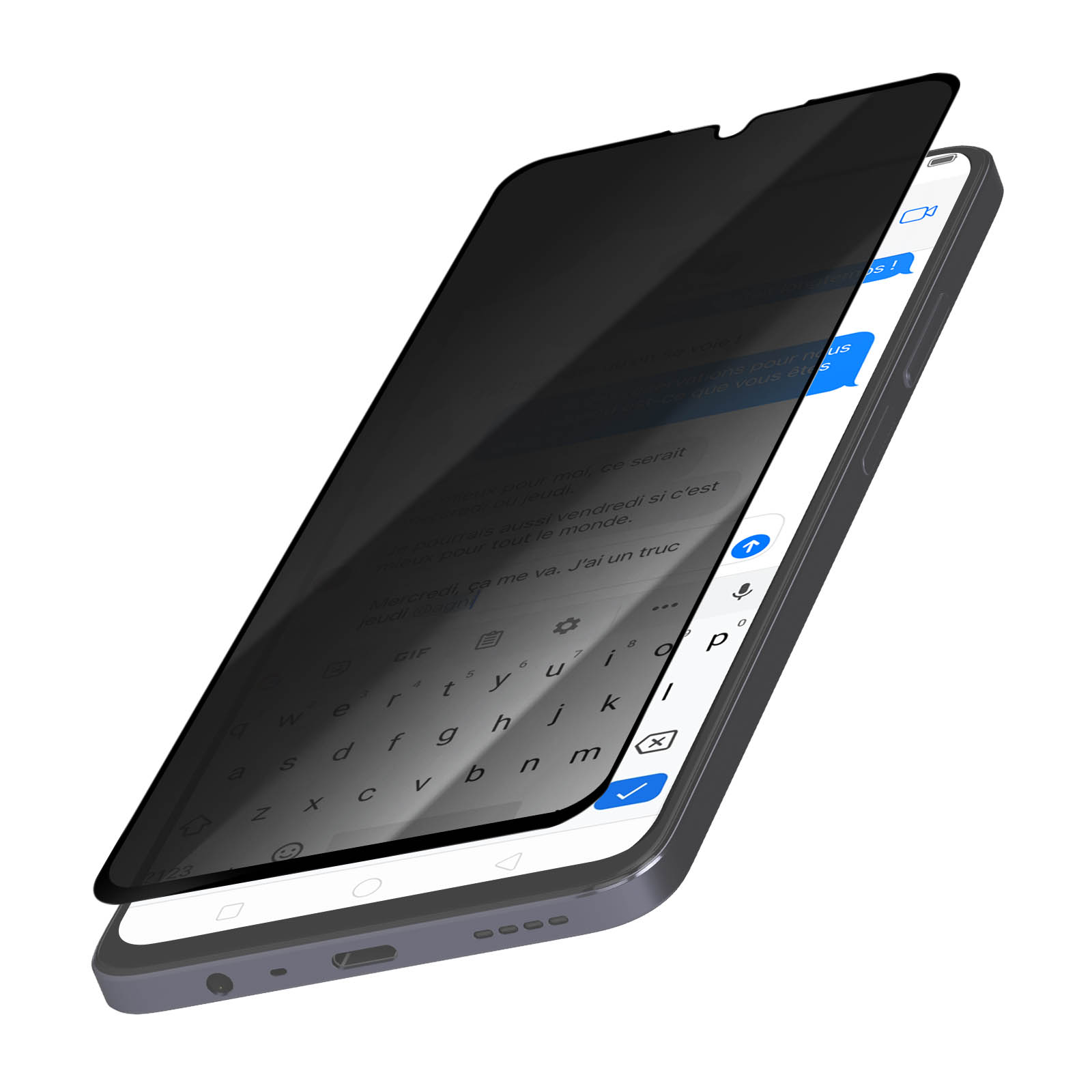 Uno smartphone con protezione schermo. Lo schermo mostra una conversazione di messaggi di testo e una tastiera.