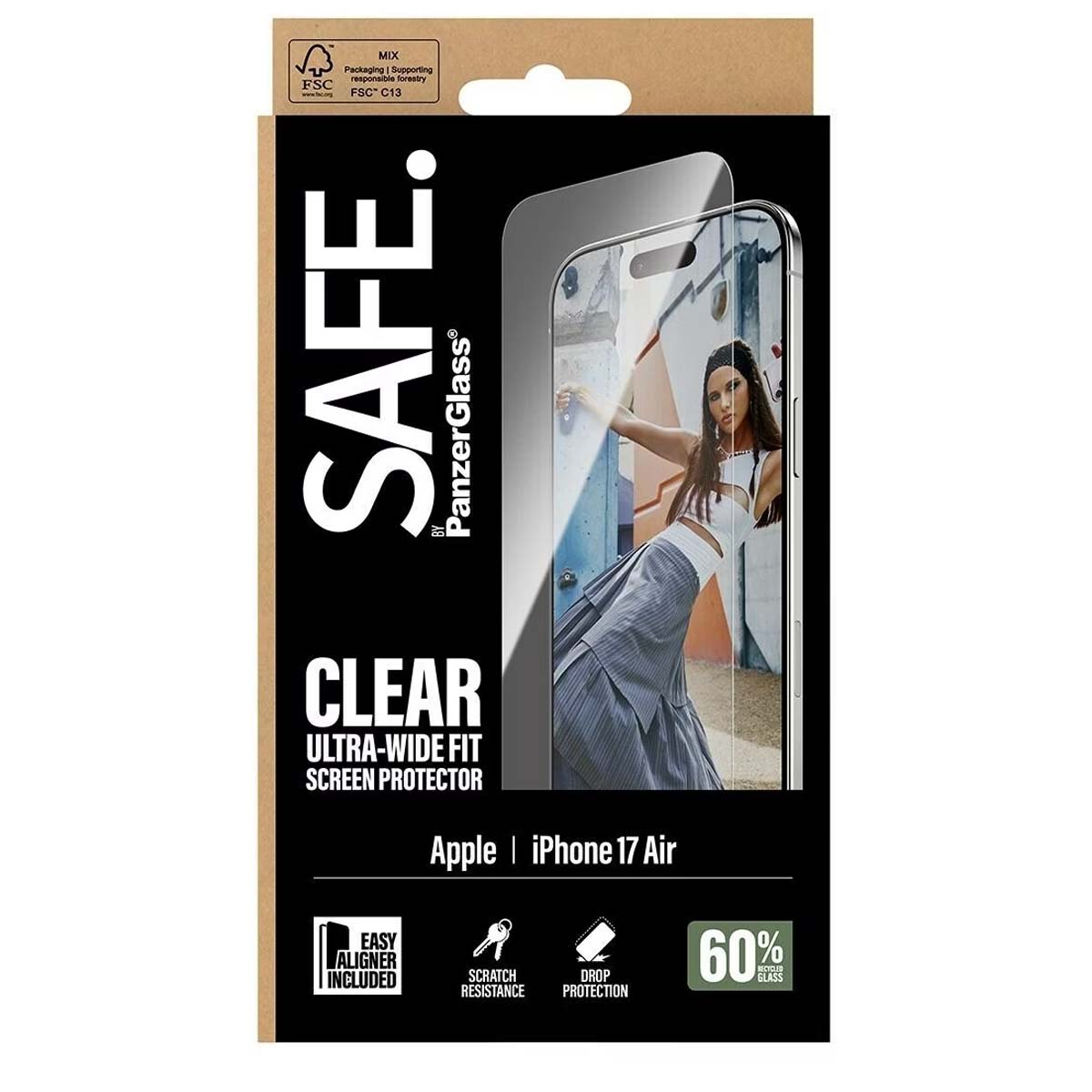 Een doosje met een schermbeschermer voor de telefoon. Er staat SAFE, CLEAR. Het is voor iPhone 17 Air. Er staat een vrouw op de telefoonfoto.