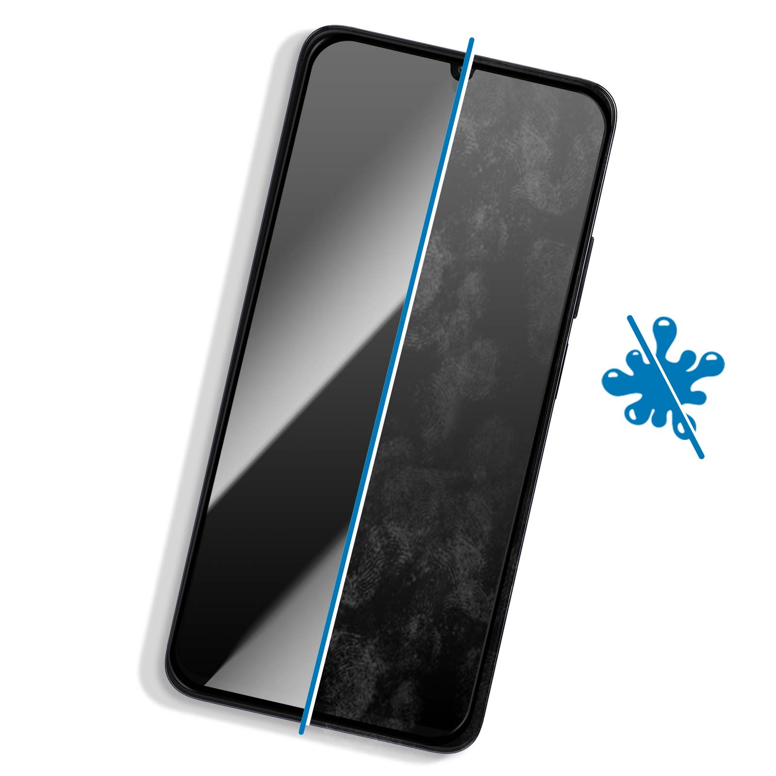 Un proteggi schermo con una linea blu che divide le sezioni pulite e coperte di impronte digitali, con un'icona anti-schizzo.