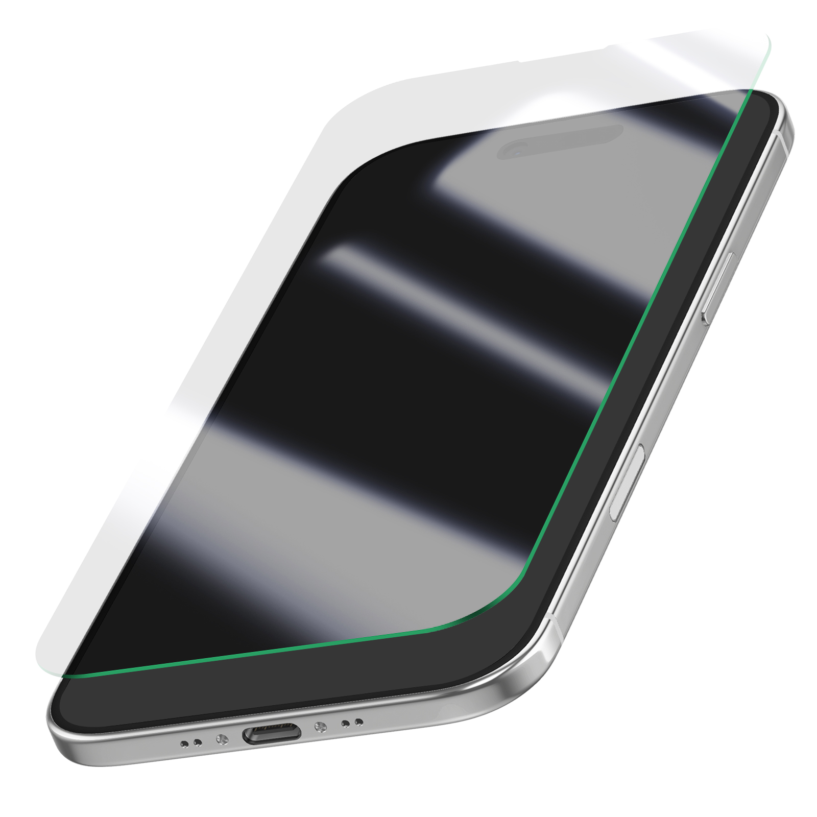 Een smartphone met een schermbeschermer. De telefoon is zilver met een zwart scherm en een groene rand.