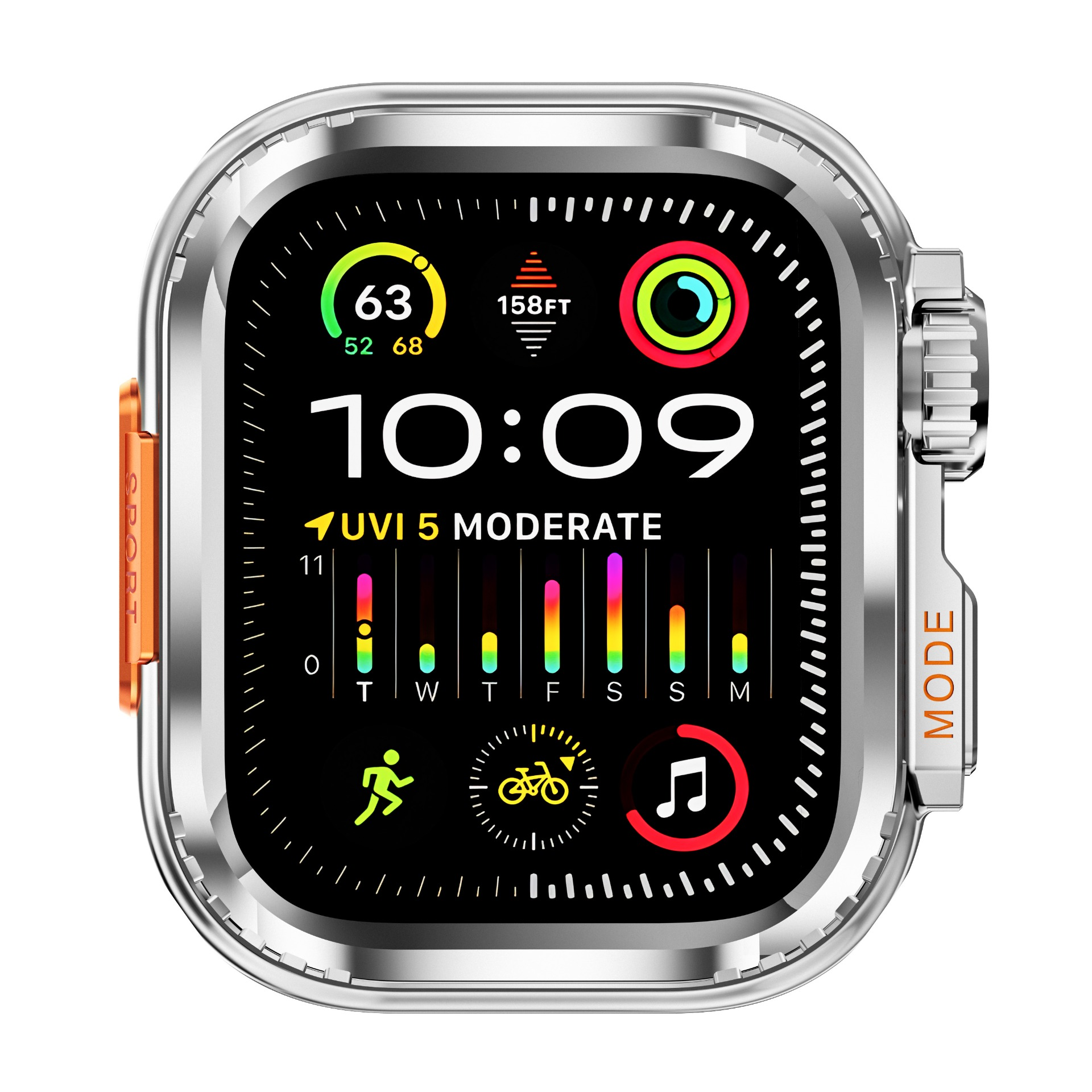 Uno smartwatch mostra l'ora, le metriche di salute e le icone delle app. L'orologio ha una cornice argentata con pulsanti laterali arancioni e display nero.