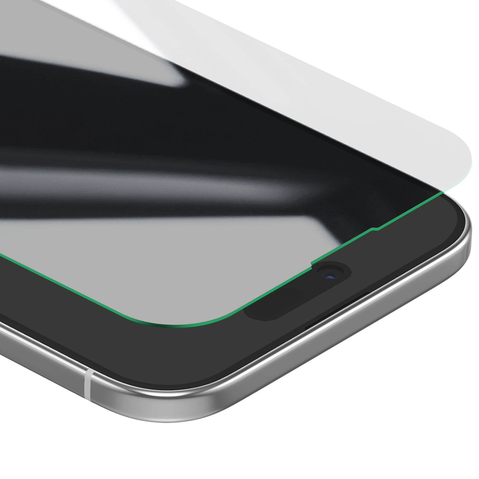 Een smartphone met een schermbeschermer erop. Het scherm is zwart, met een groene omtrek. De beschermer is transparant.