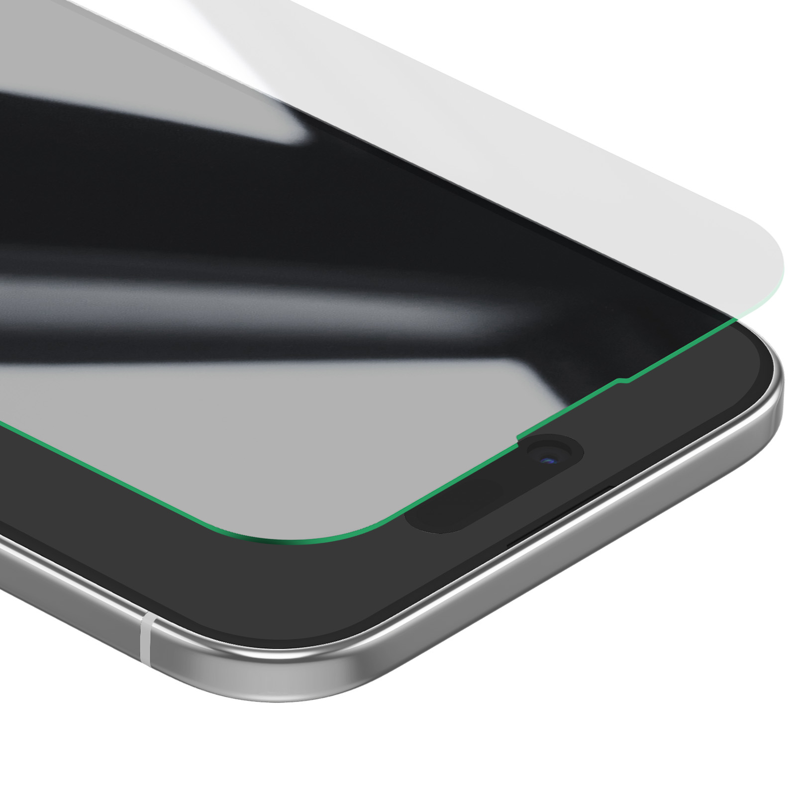 Een smartphone met een schermbeschermer. De telefoon is zilver, het scherm is zwart en de beschermer is transparant.