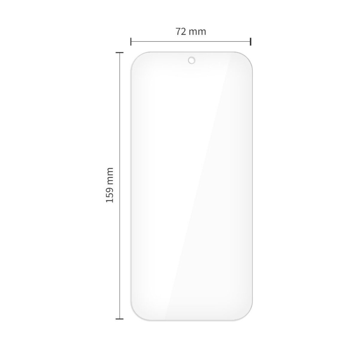 Un oggetto rettangolare bianco con angoli arrotondati. Dimensioni: 159 mm altezza, 72 mm larghezza. Piccolo cerchio in alto.