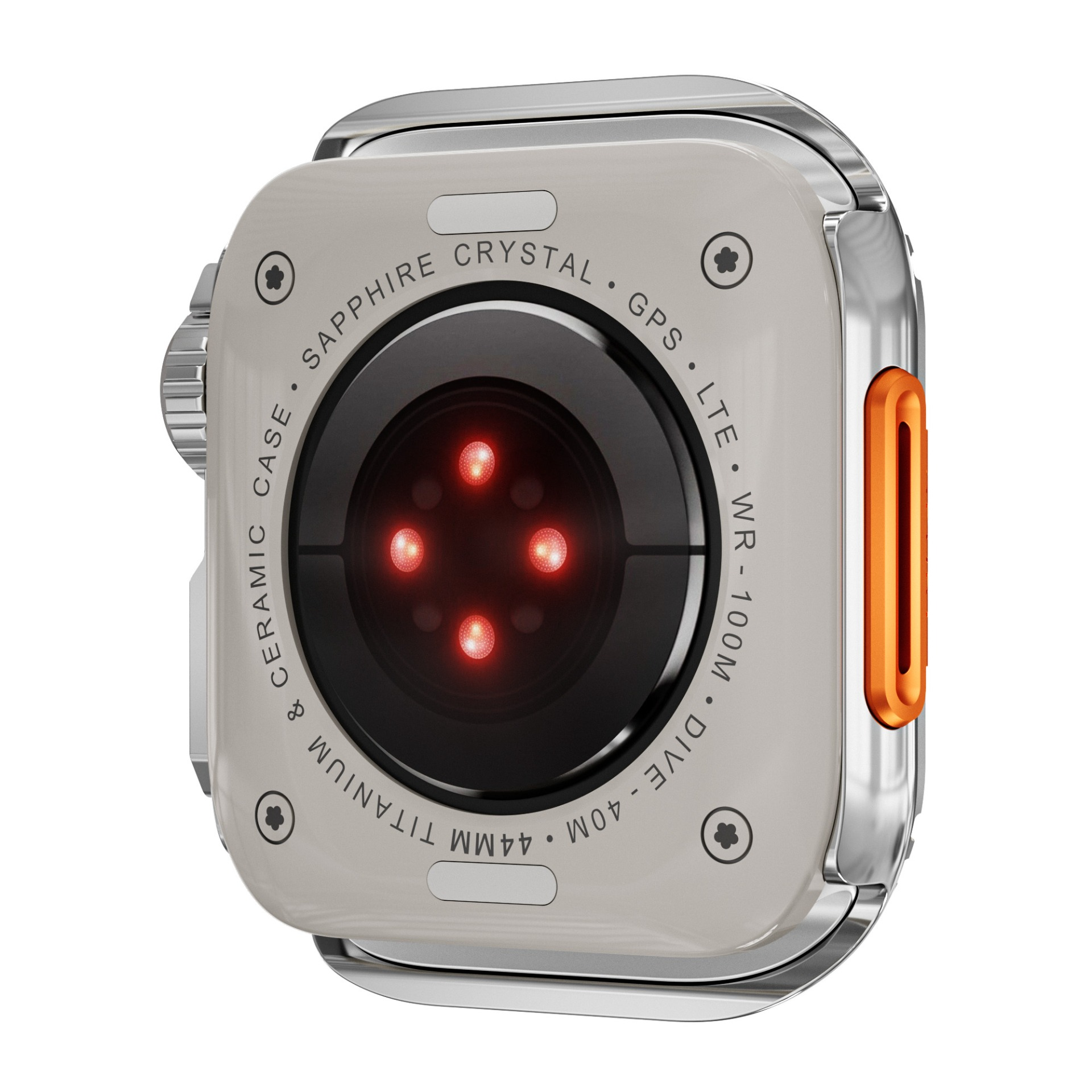 Primo piano di uno smartwatch, argento e beige, con un pulsante laterale arancione. Caratteristiche: GPS, titanio 44 mm e sensore di frequenza cardiaca.
