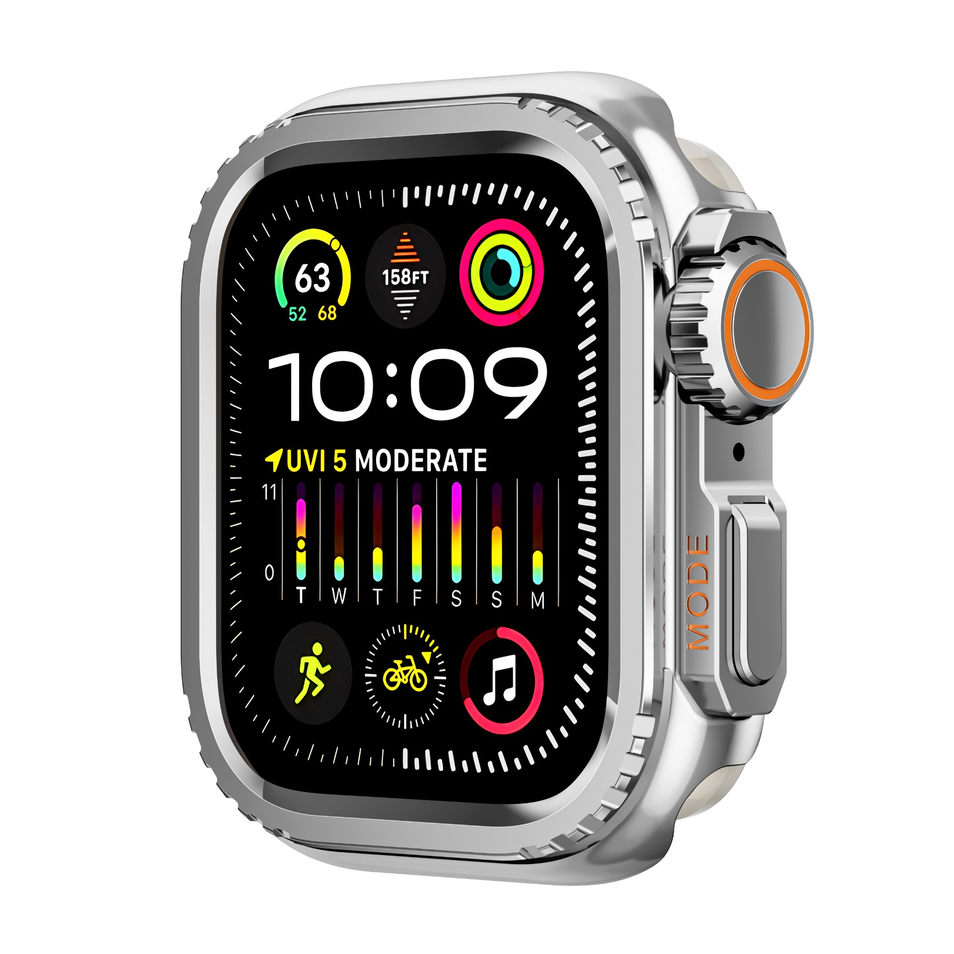 Uno smartwatch argentato mostra ora, metriche di salute e icone. Ha uno schermo digitale e una cornice metallica.