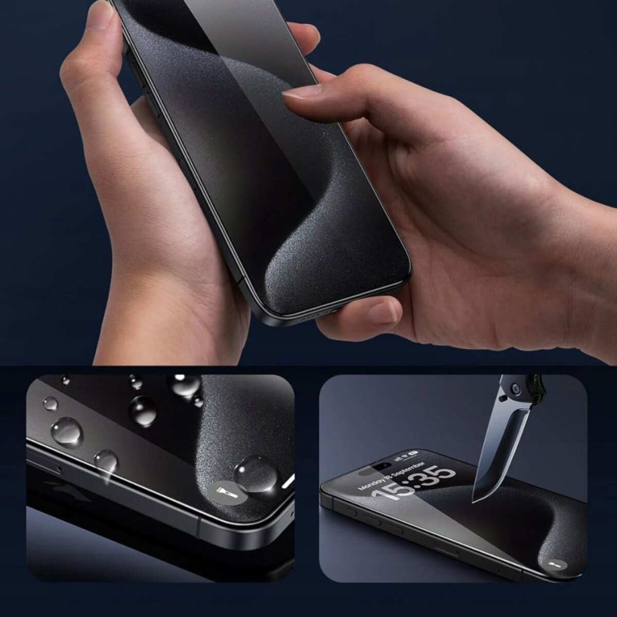 Mani che tengono uno smartphone nero con una protezione per lo schermo applicata. Gocce d'acqua e un coltello mostrano la protezione.