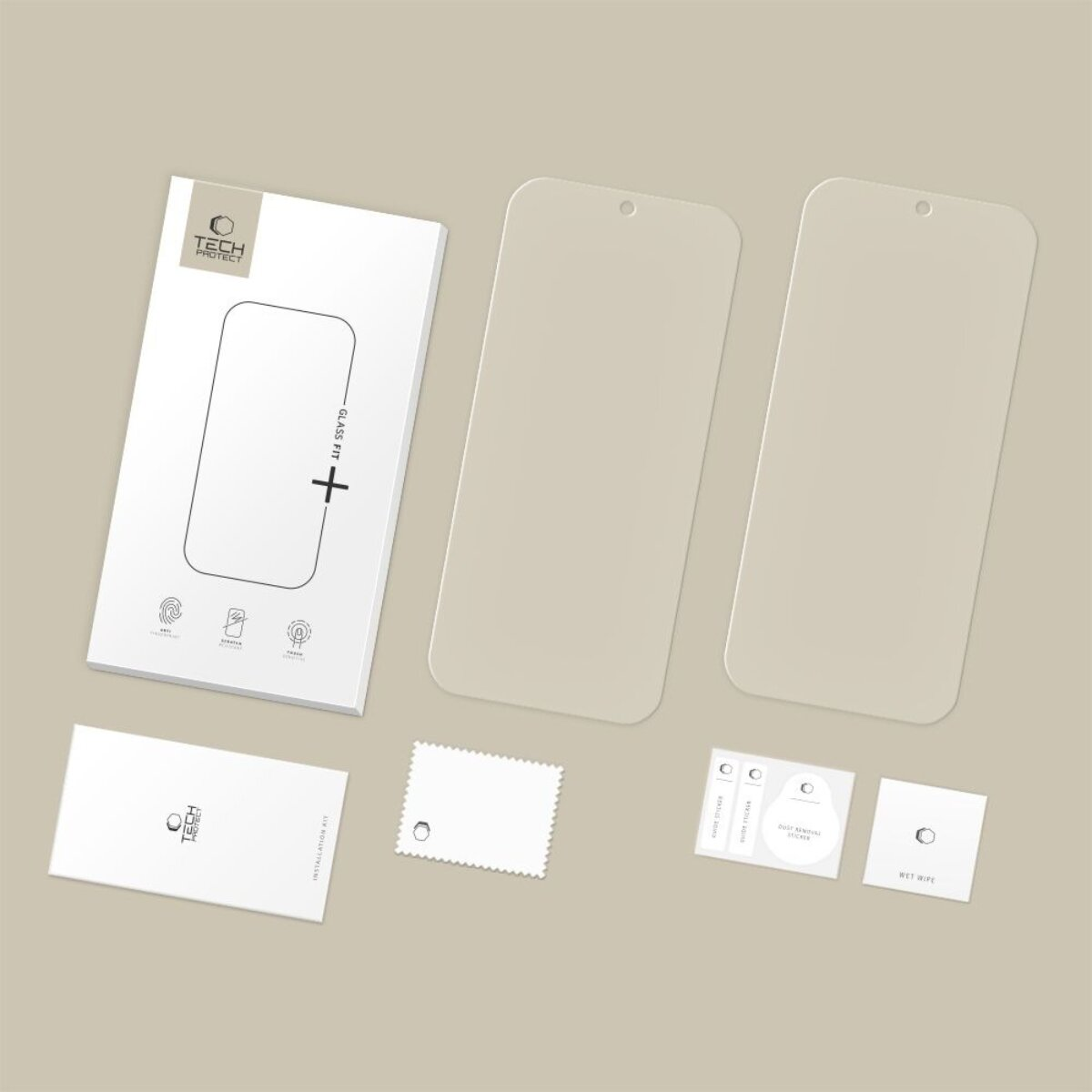 Un kit per la protezione dello schermo del telefono. Include protezioni per lo schermo, una scatola, panni per la pulizia e adesivi, su una superficie marrone chiaro.