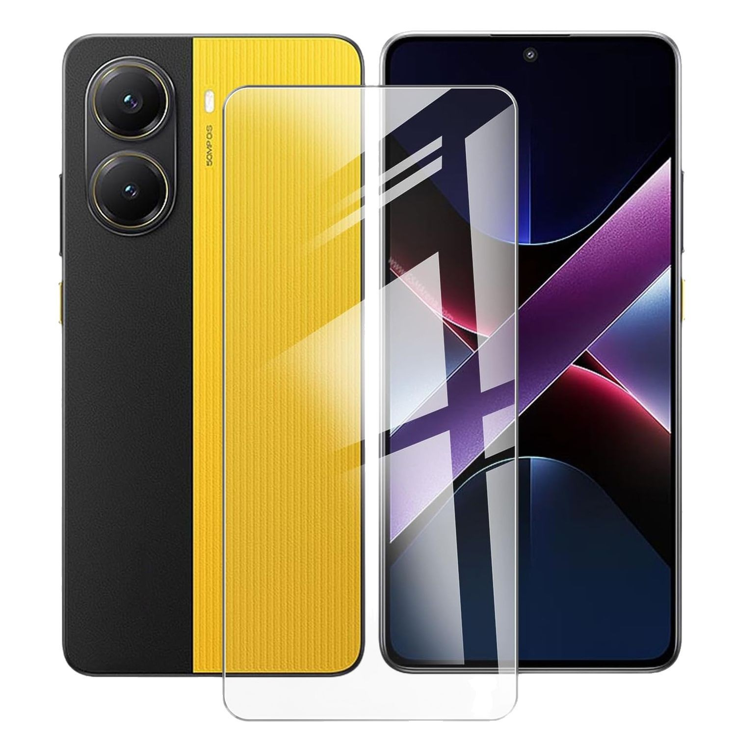 Tre smartphone, uno con retro giallo e due fotocamere, un altro con design viola e un proteggi schermo.