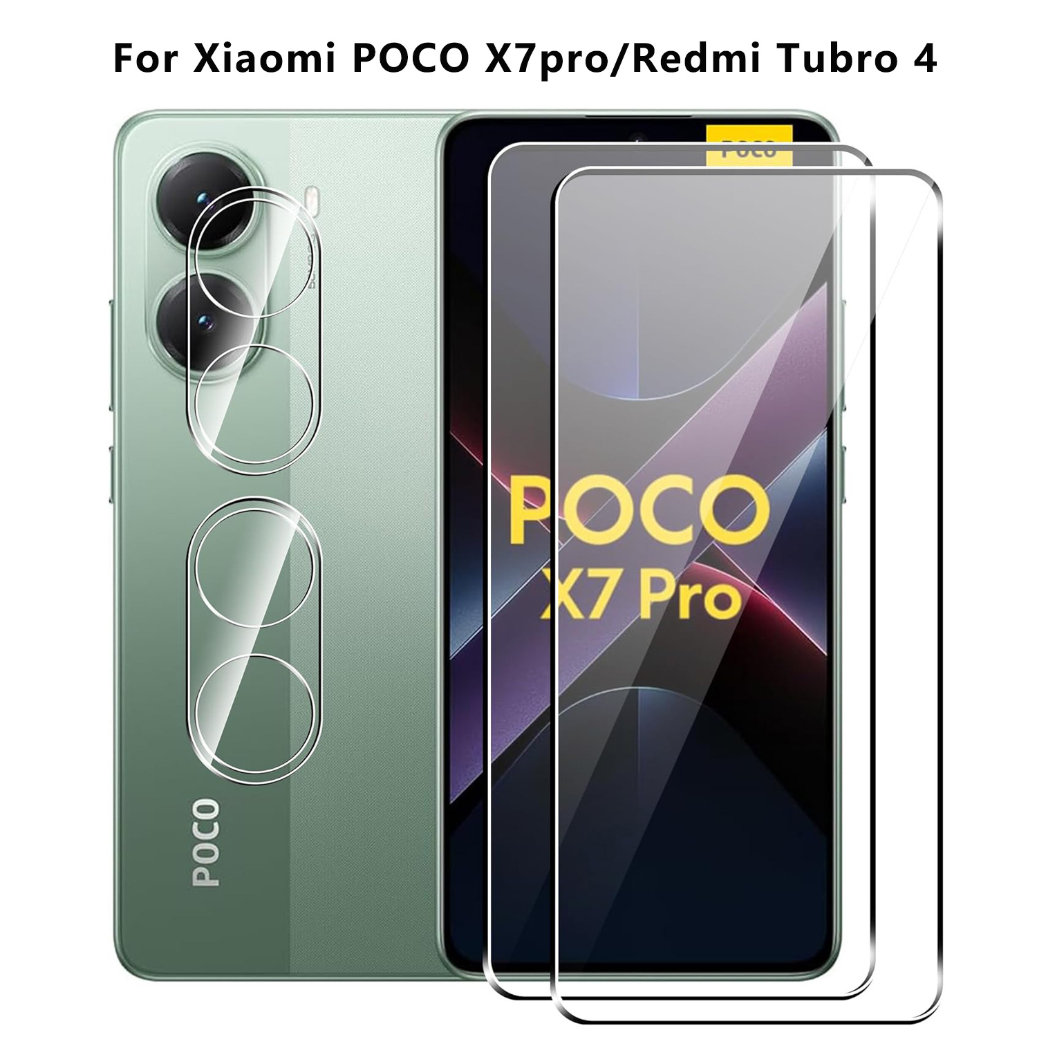 Vengono visualizzati un telefono e protezioni per lo schermo. Il telefono è verde. Il testo POCO X7 Pro è visibile sullo schermo e sul telefono.