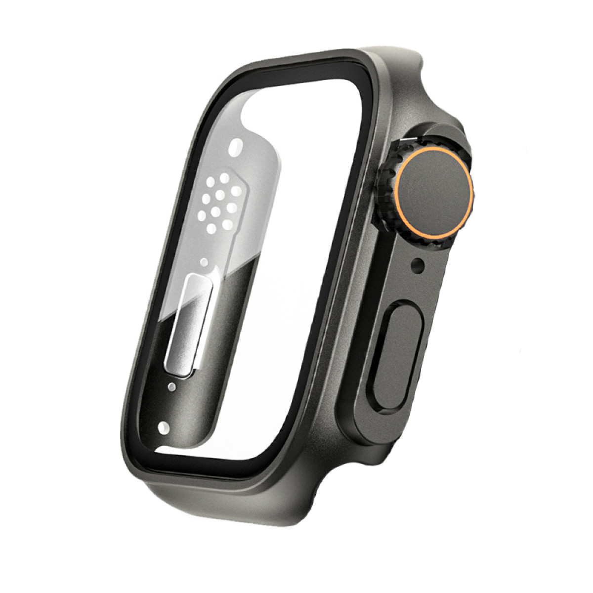 Una custodia per smartwatch grigio scuro con protezione schermo trasparente. Ha un quadrante con anello arancione e un pulsante laterale.