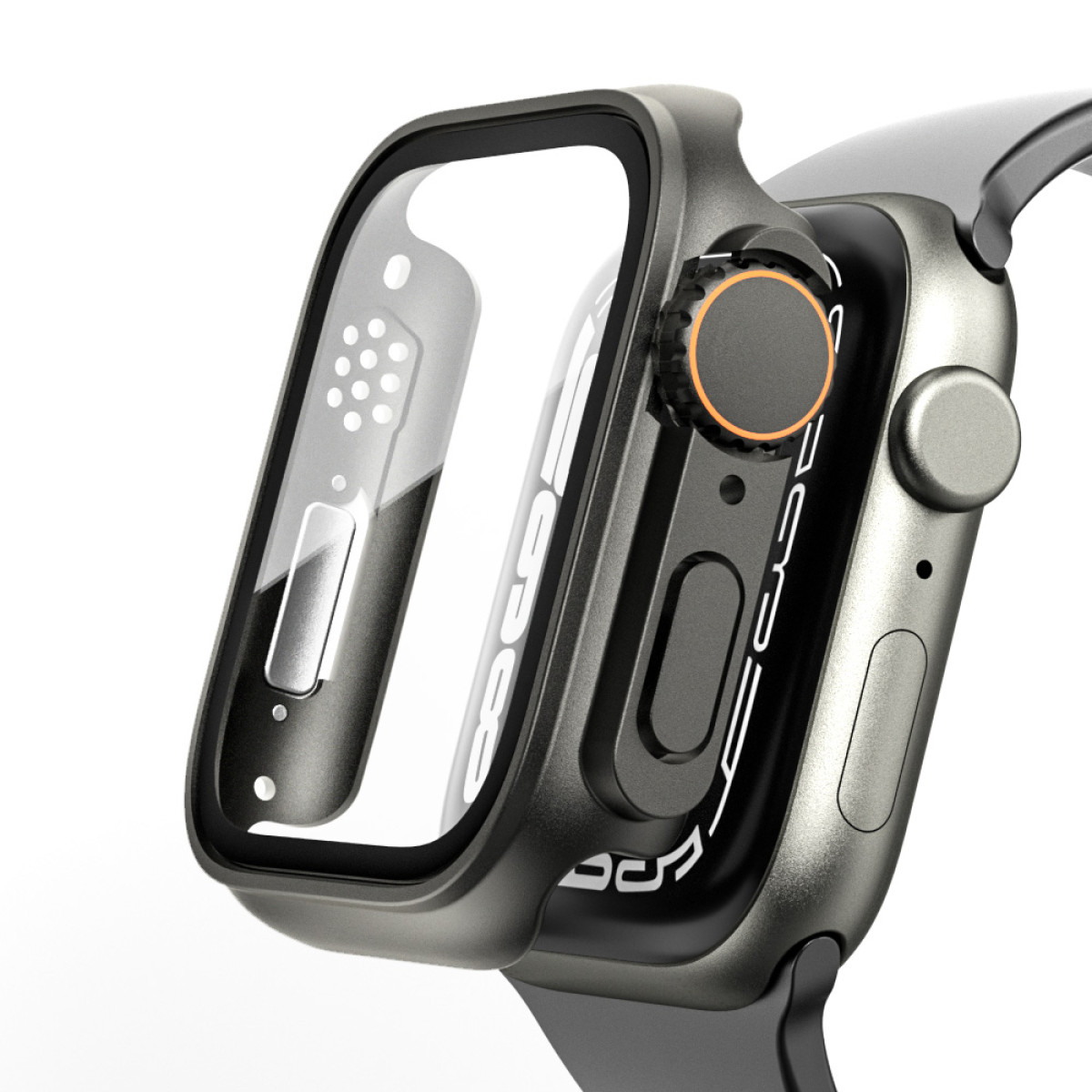 Primo piano di uno smartwatch con custodia protettiva. L'orologio è grigio, con cinturino nero. La custodia ha una protezione schermo trasparente.