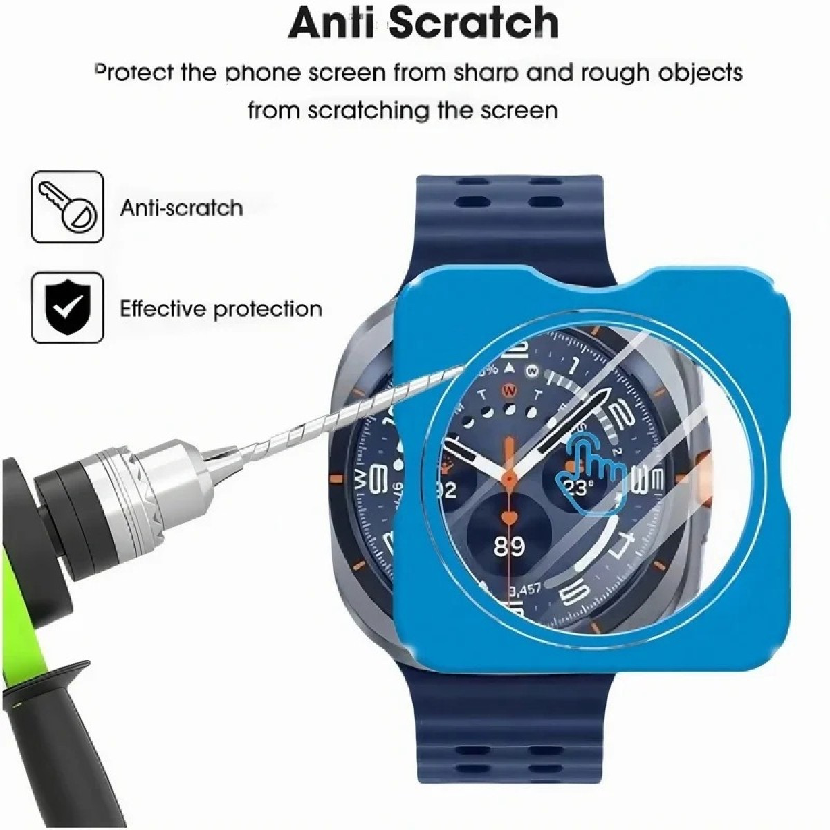 Un orologio con protezione schermo blu viene forato. Testo: Antigraffio e Protezione efficace. L'orologio mostra l'ora.