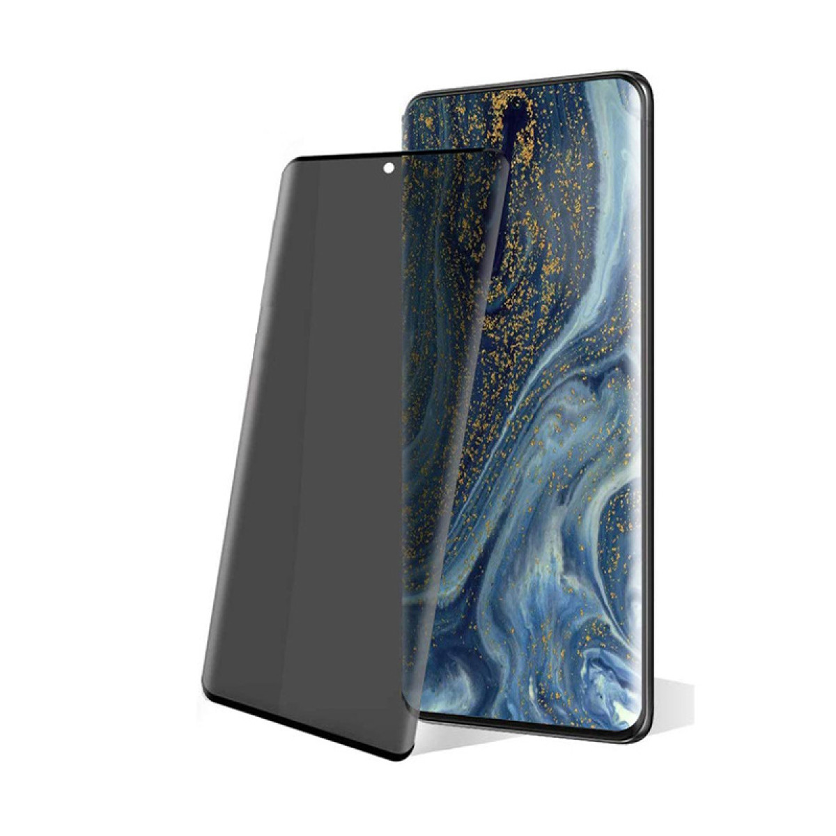 Uno smartphone con protezione schermo. Il telefono mostra un motivo blu e oro. La protezione è grigio scuro.