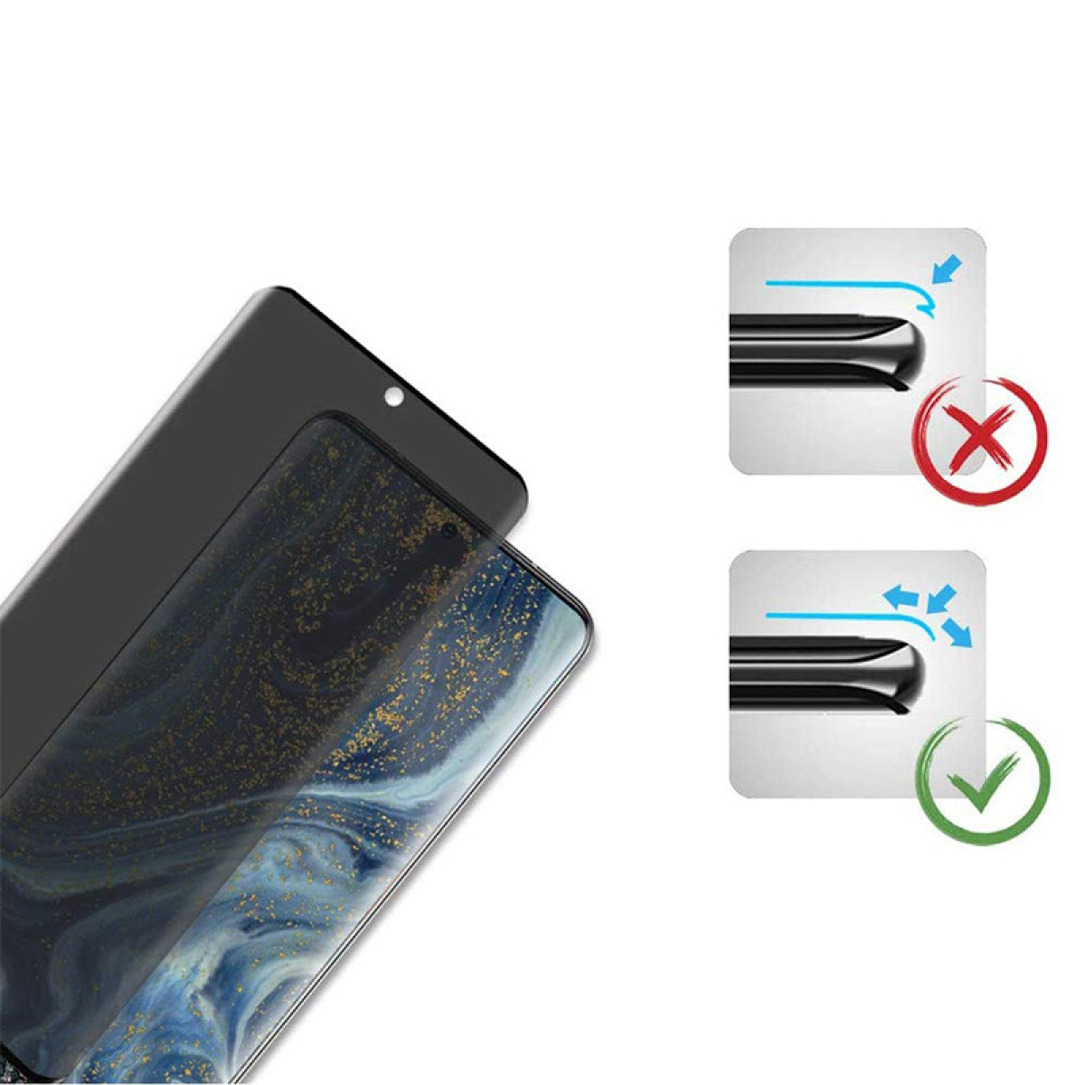 Uno smartphone con protezione schermo. Icone mostrano applicazione errata e corretta. La protezione è scura, con un design dorato.