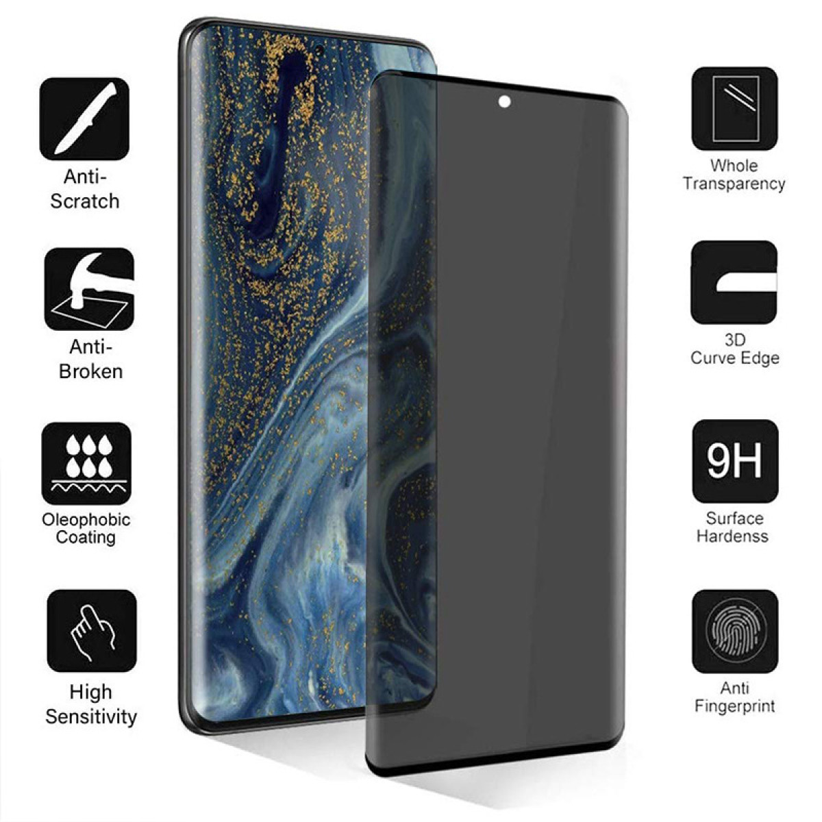 Una protezione per lo schermo del telefono con icone per antigraffio, rottura, impronte digitali e altre funzioni.