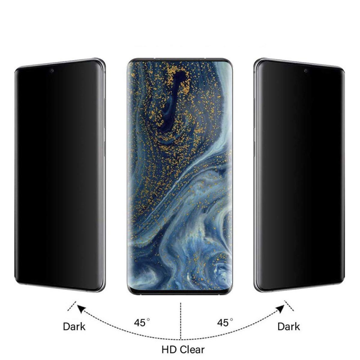 Tre smartphone. Quello centrale mostra HD chiaro, gli altri sono scuri a angoli di 45 gradi. Il testo mostra 'Scuro' e 'HD Clear'.