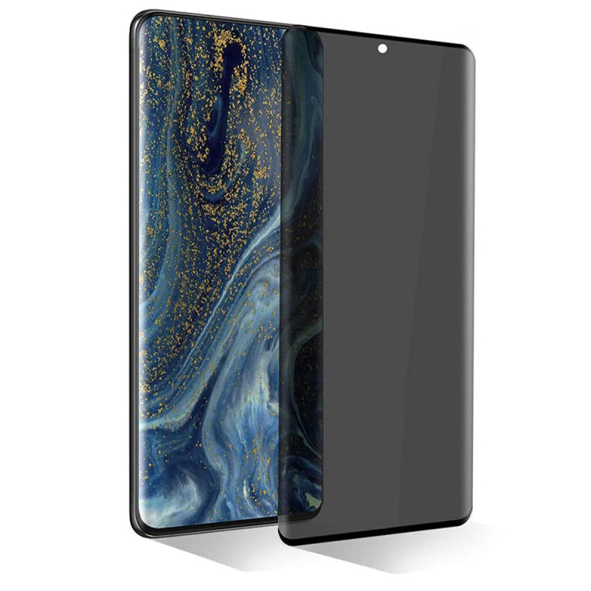 Uno smartphone con protezione schermo. Lo schermo mostra un motivo blu e oro. La protezione è grigio scuro.