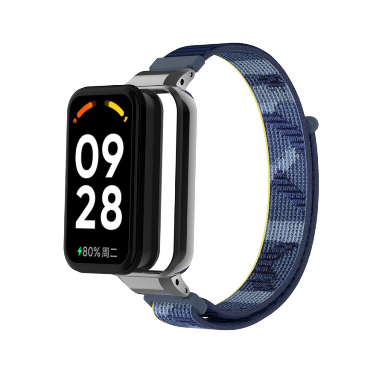 Uno smartwatch con schermo nero che mostra l'ora 09:28. Ha un cinturino blu fantasia, con una montatura in metallo.