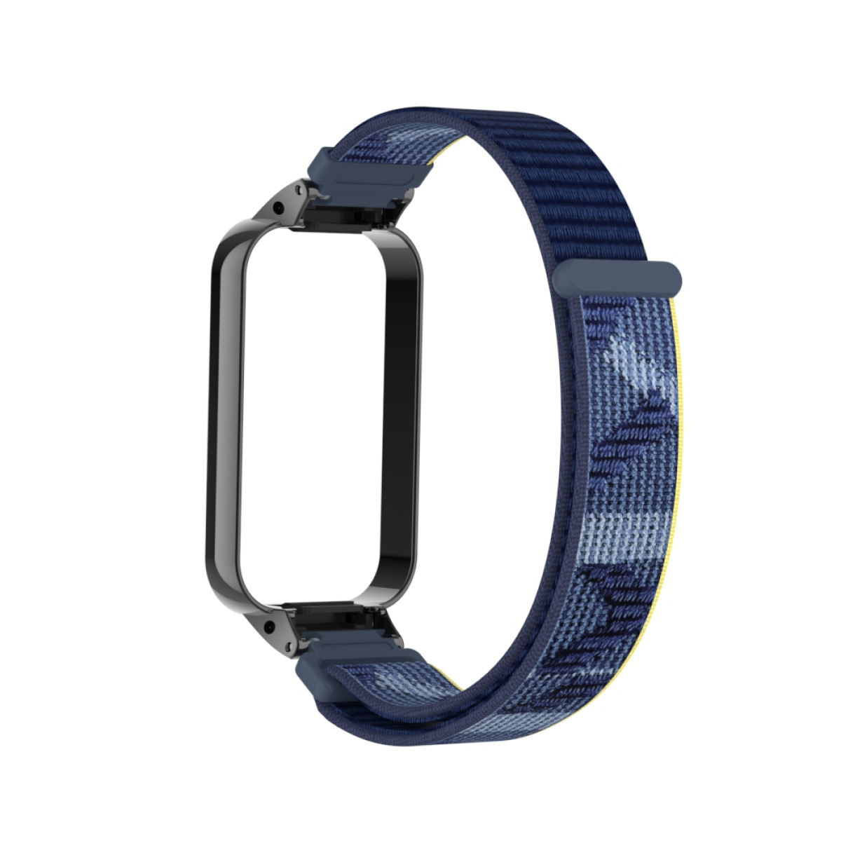 Viene mostrato un cinturino per orologio con fantasia blu scuro e blu chiaro. Ha un telaio rettangolare nero con connettori blu scuro.
