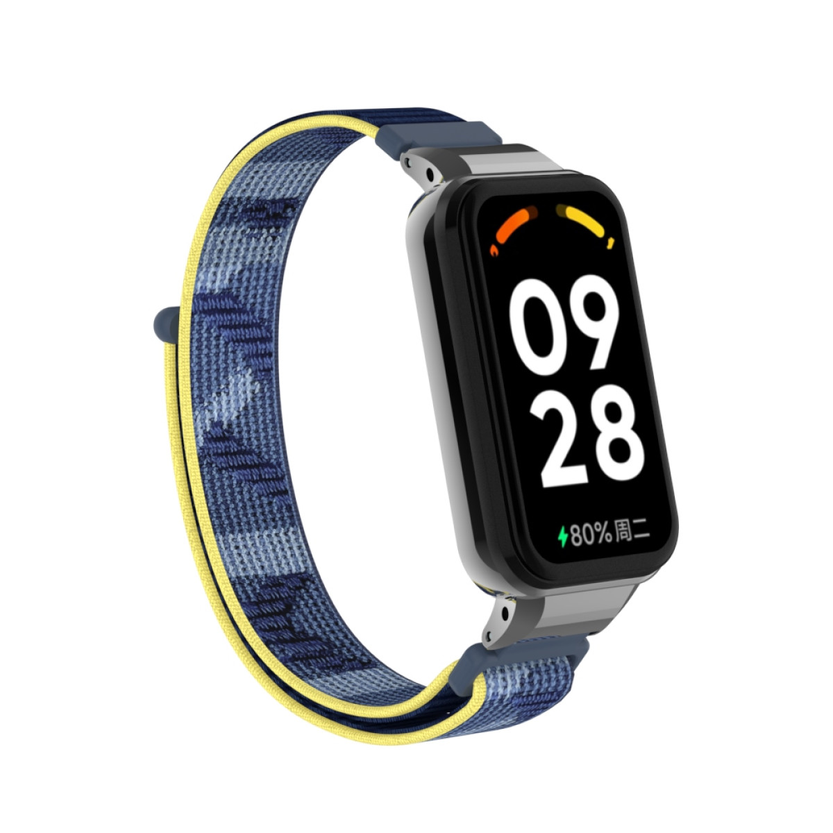 Uno smartwatch con schermo nero che mostra la data 09/28, 80% di batteria. Il cinturino è blu e giallo.