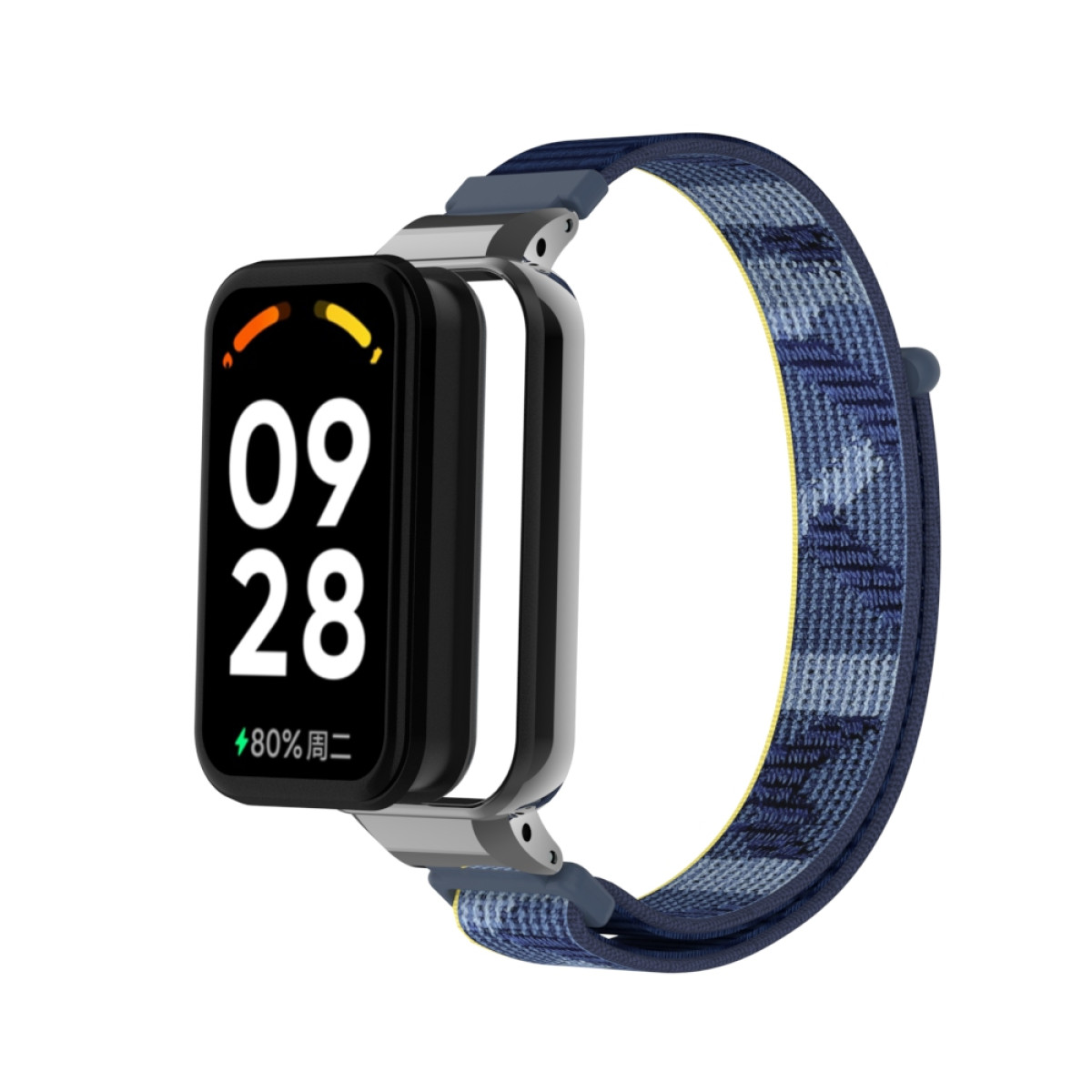Uno smartwatch con schermo nero che mostra l'ora 09:28. Ha un cinturino blu a fantasia con cornice argentata.