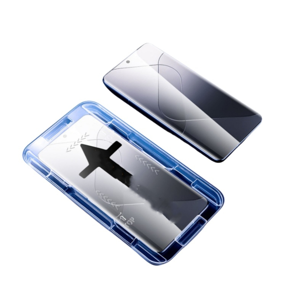 Zwei Displayschutzfolien für Telefone. Eines in einer blauen Hülle mit einem schwarzen Kreuz. Das andere ist ein reflektierendes Grau mit einem Kameraloch.