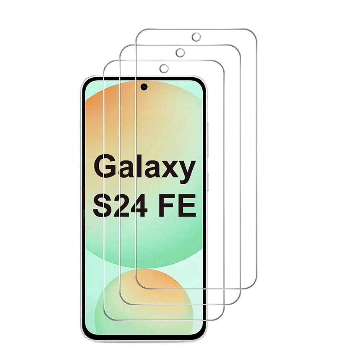 Imagen muestra protector de pantalla para Galaxy S24 FE. El protector es transparente, con texto del teléfono visible.