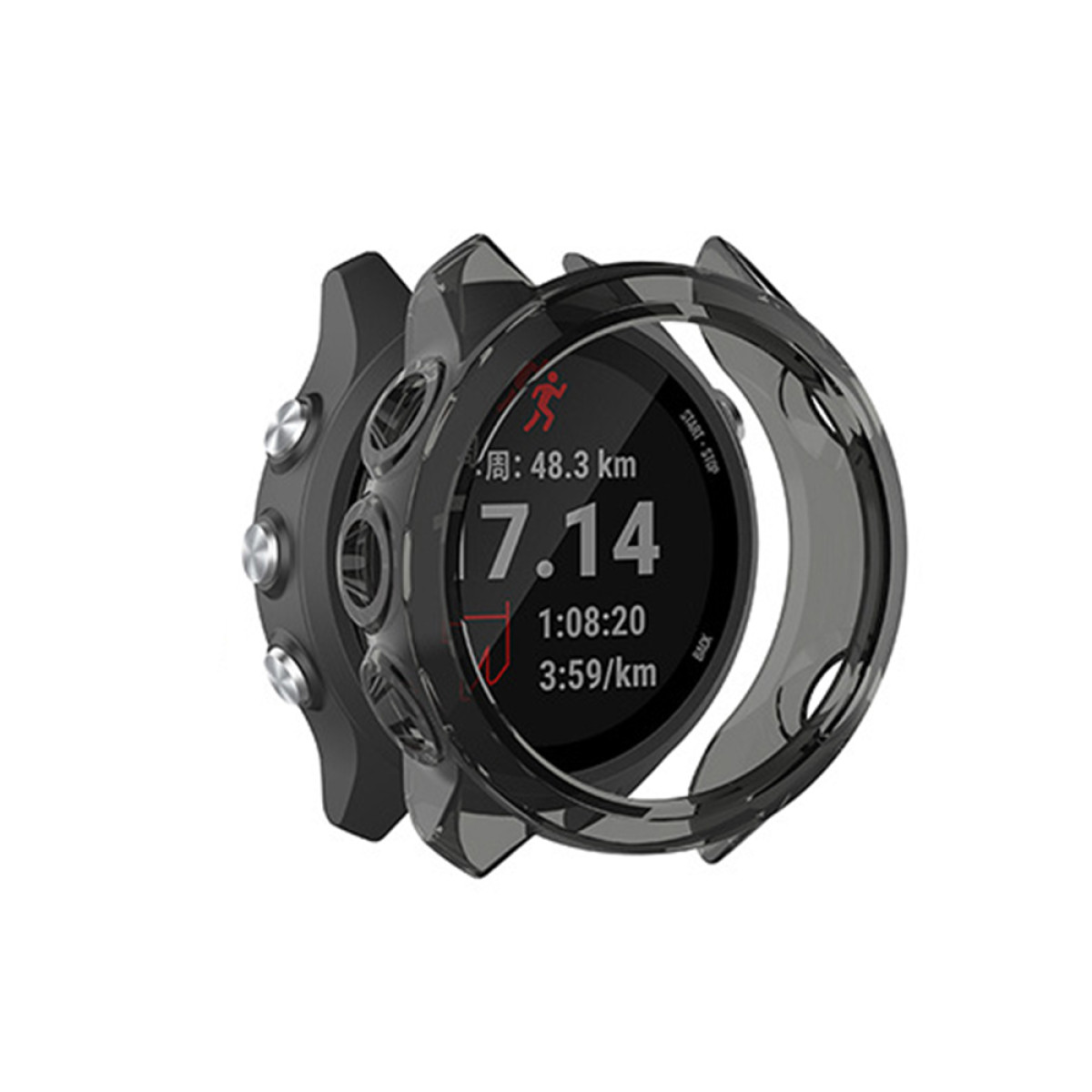 Uno smartwatch nero con una protezione mostra le metriche di corsa: distanza, tempo e ritmo. Pulsanti visibili sul lato.