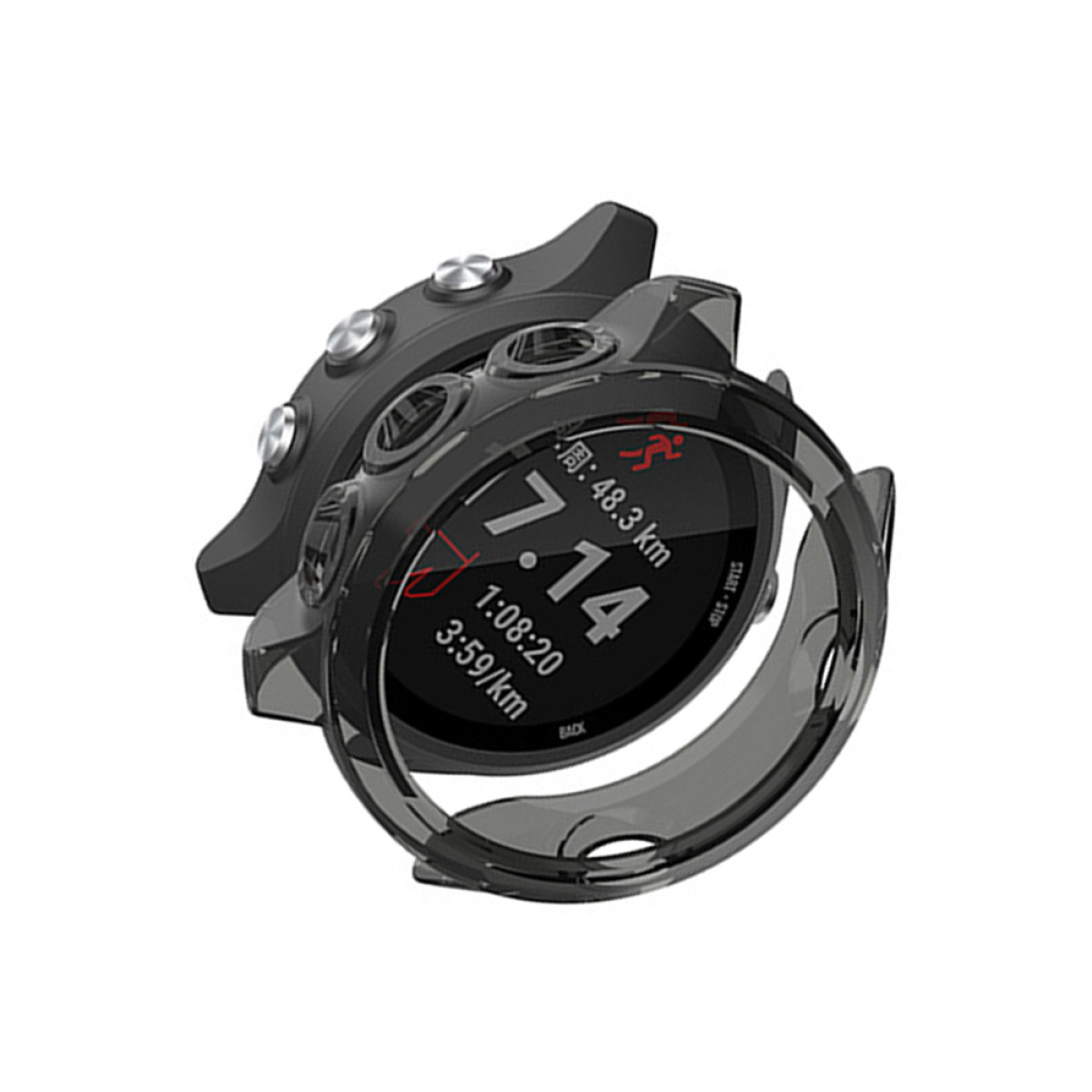 Smartwatch nero con custodia protettiva. Il display mostra 7.14, 1:08:20 e 3:59/km. Mostra distanza e tempo. Isolato su sfondo bianco.